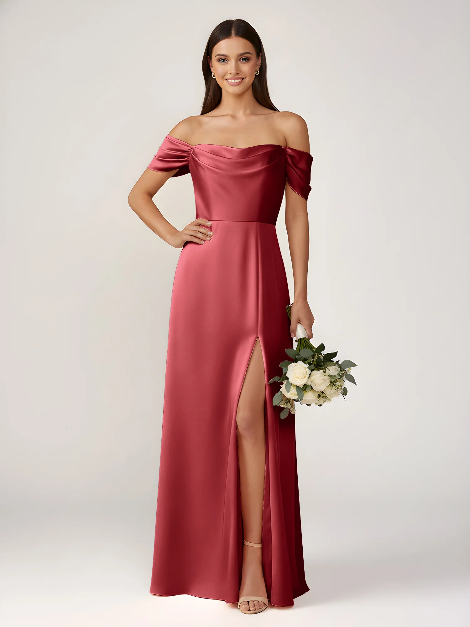 Off-The-Shoulder A-Line Floor Length Dresses With Slit Burgundy