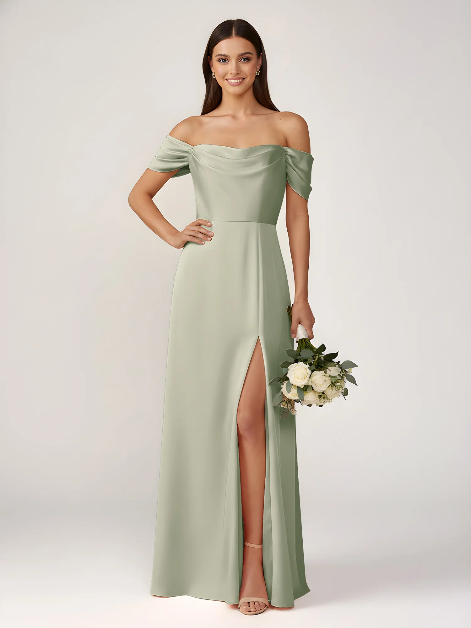 Off-The-Shoulder A-Line Floor Length Dresses With Slit Dusty Sage