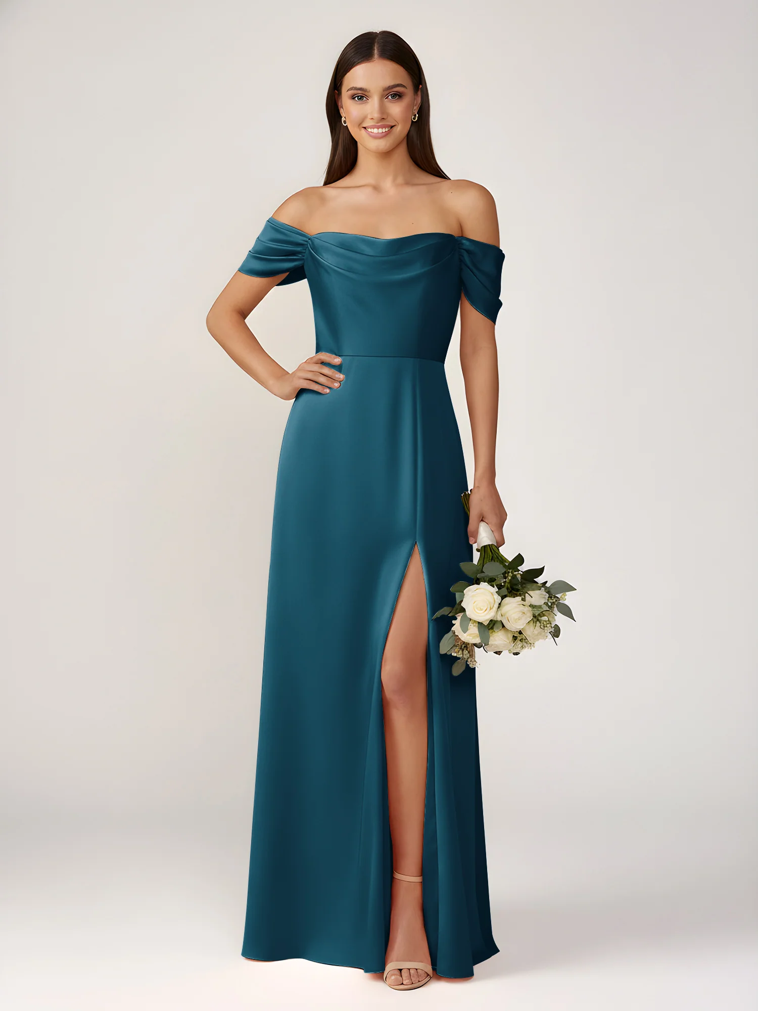 Off-The-Shoulder A-Line Floor Length Dresses With Slit Ink Blue