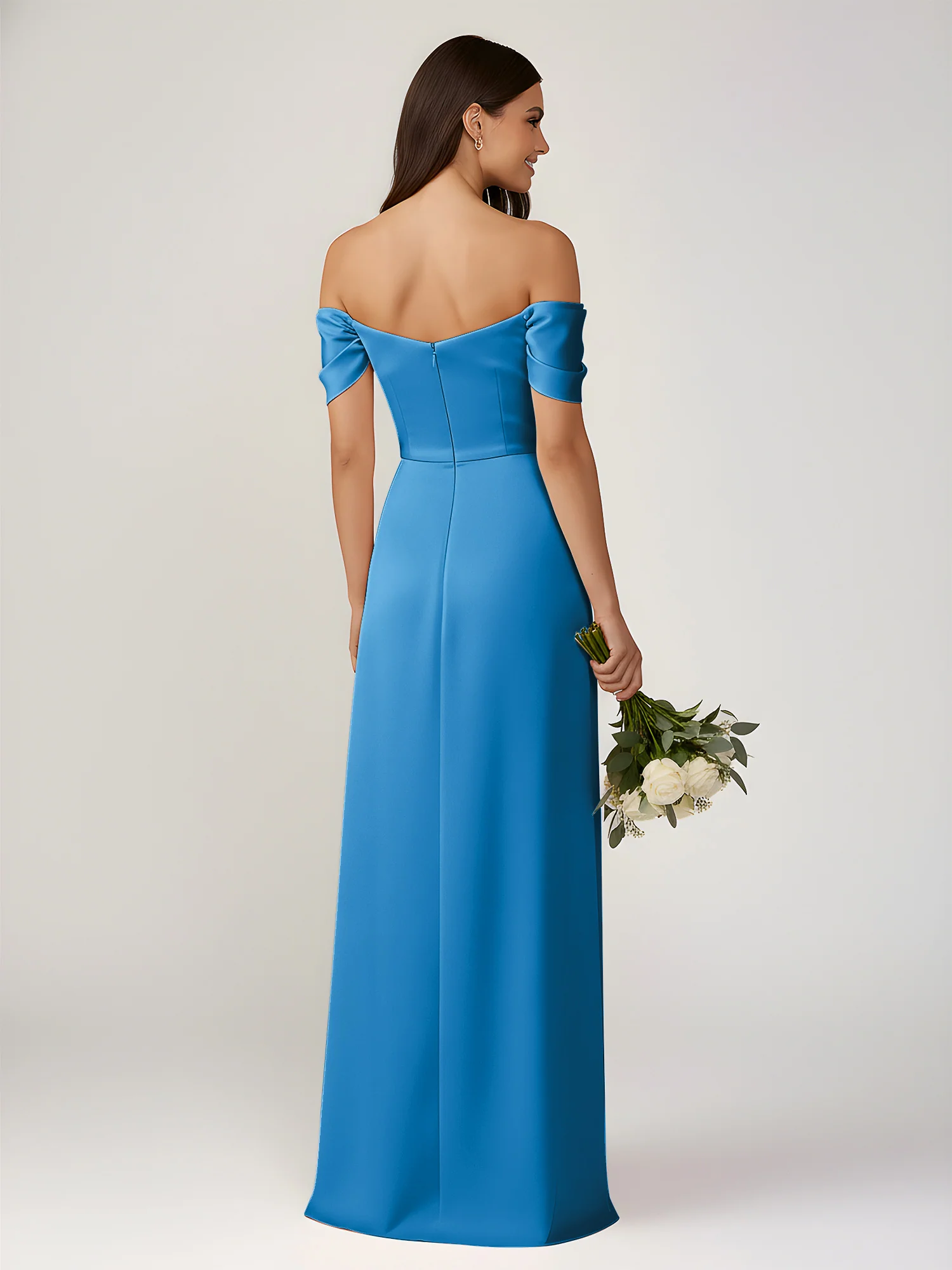 Off-The-Shoulder A-Line Floor Length Dresses With Slit Ocean Blue - Image 2