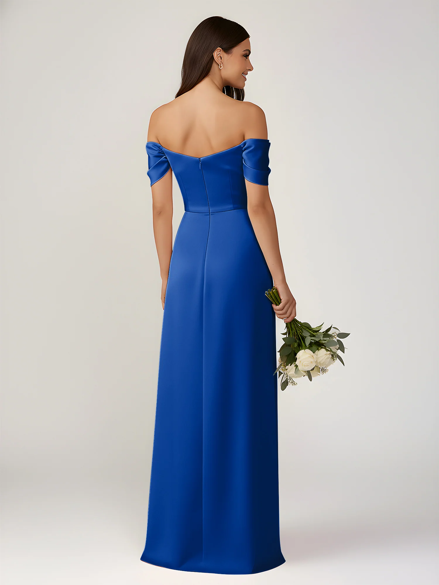 Off-The-Shoulder A-Line Floor Length Dresses With Slit Royal Blue - Image 2