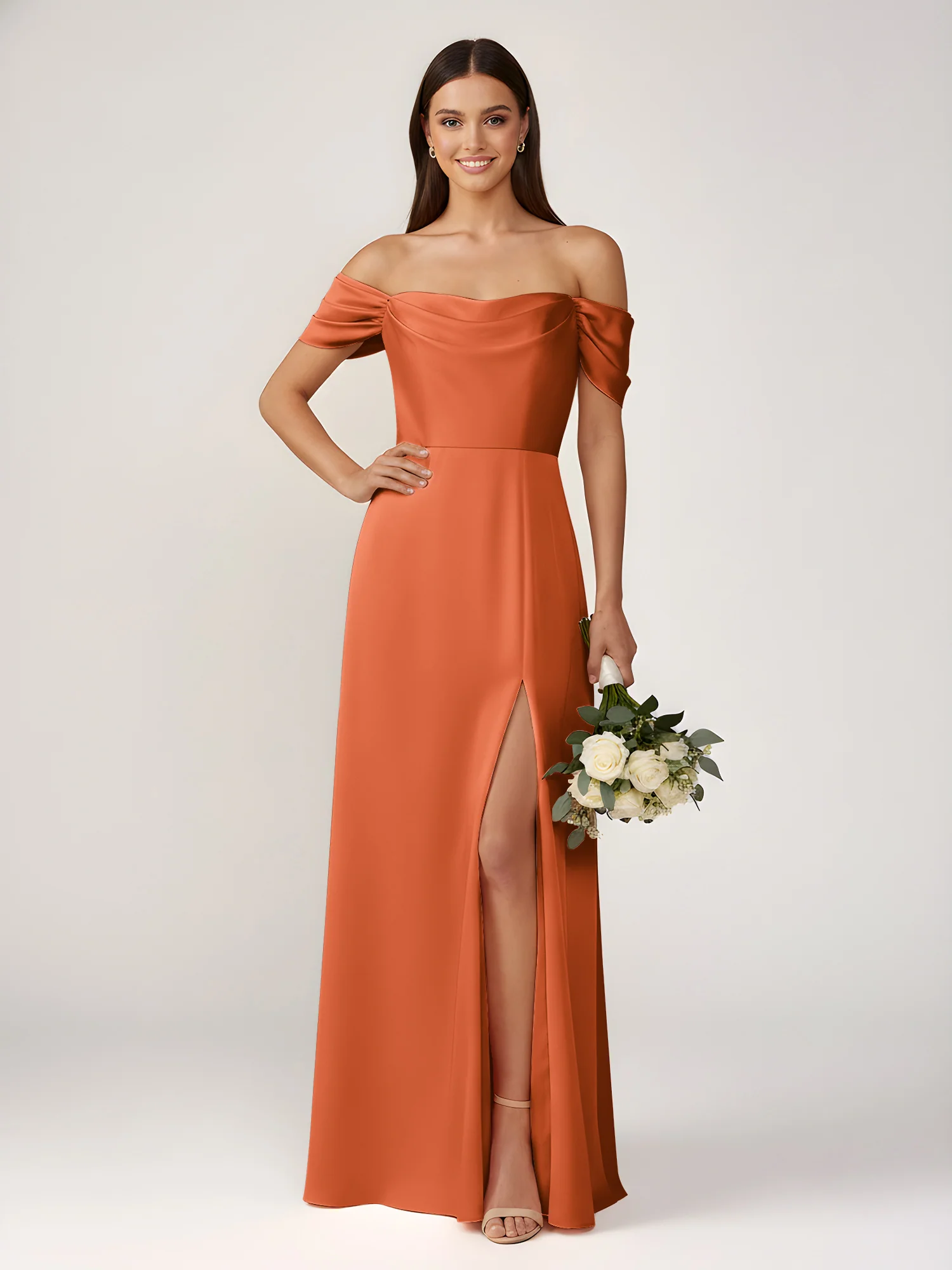 Off-The-Shoulder A-Line Floor Length Dresses With Slit Rust