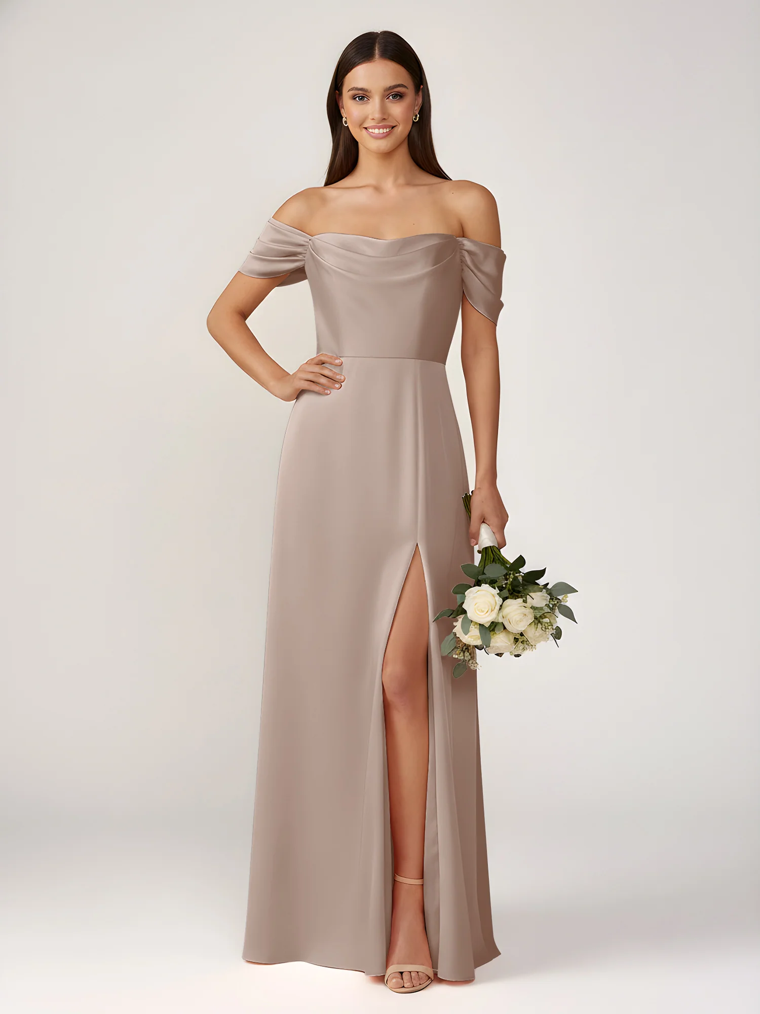 Off-The-Shoulder A-Line Floor Length Dresses With Slit Taupe