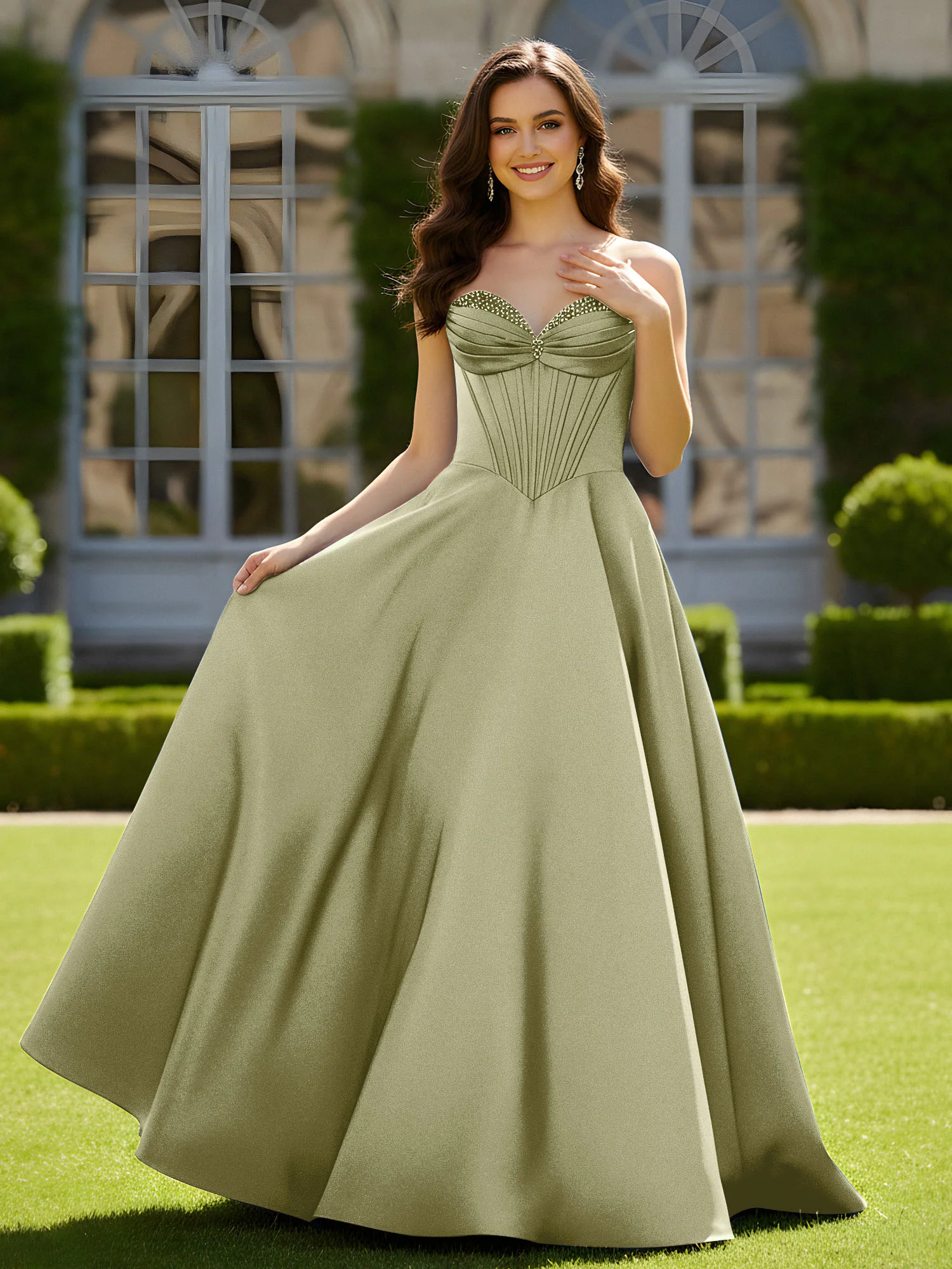 Sleeveless Sweep Train Satin Lace-Up Gown Dusty Sage