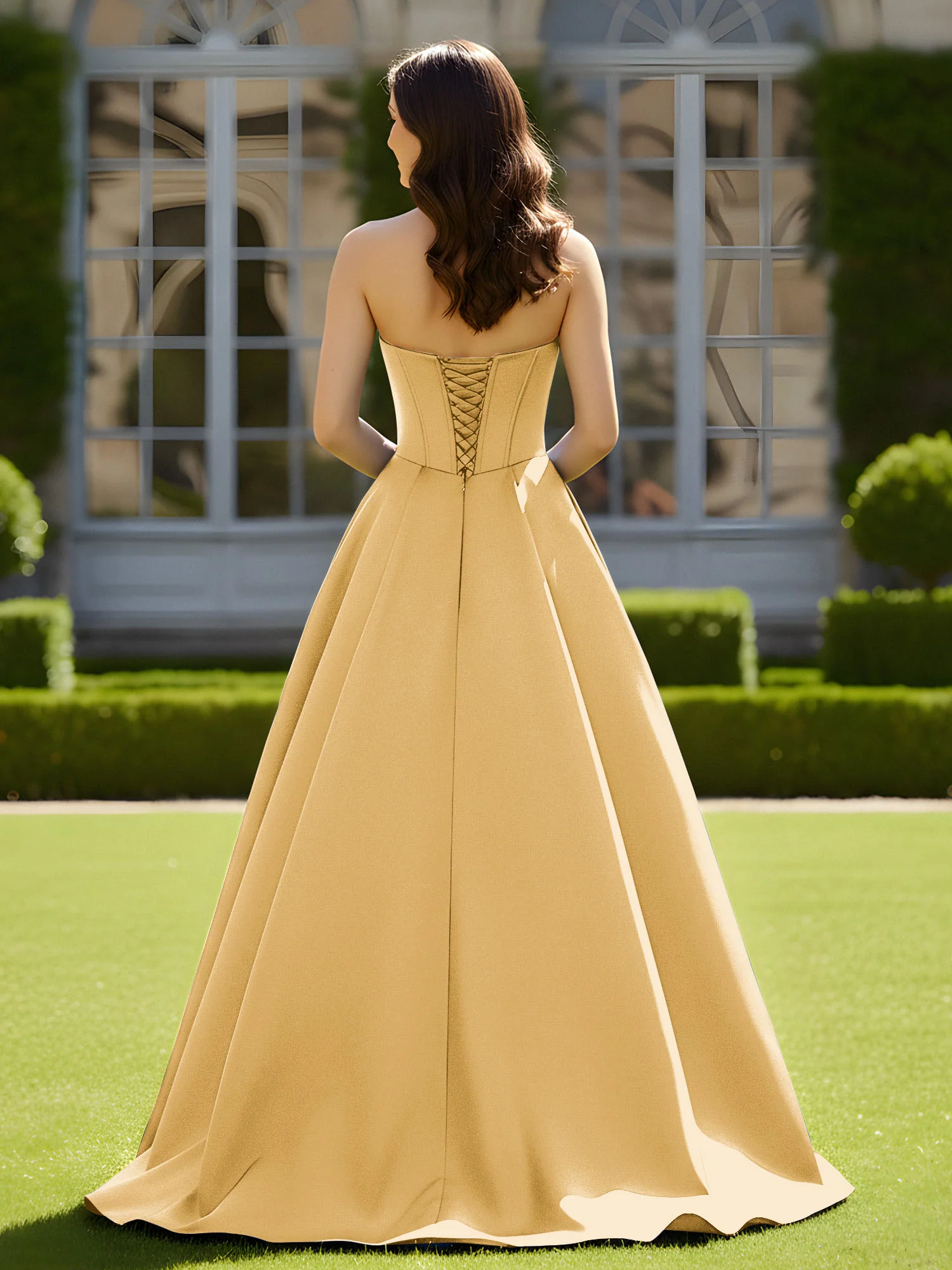 Sleeveless Sweep Train Satin Lace-Up Gown Gold - Image 2