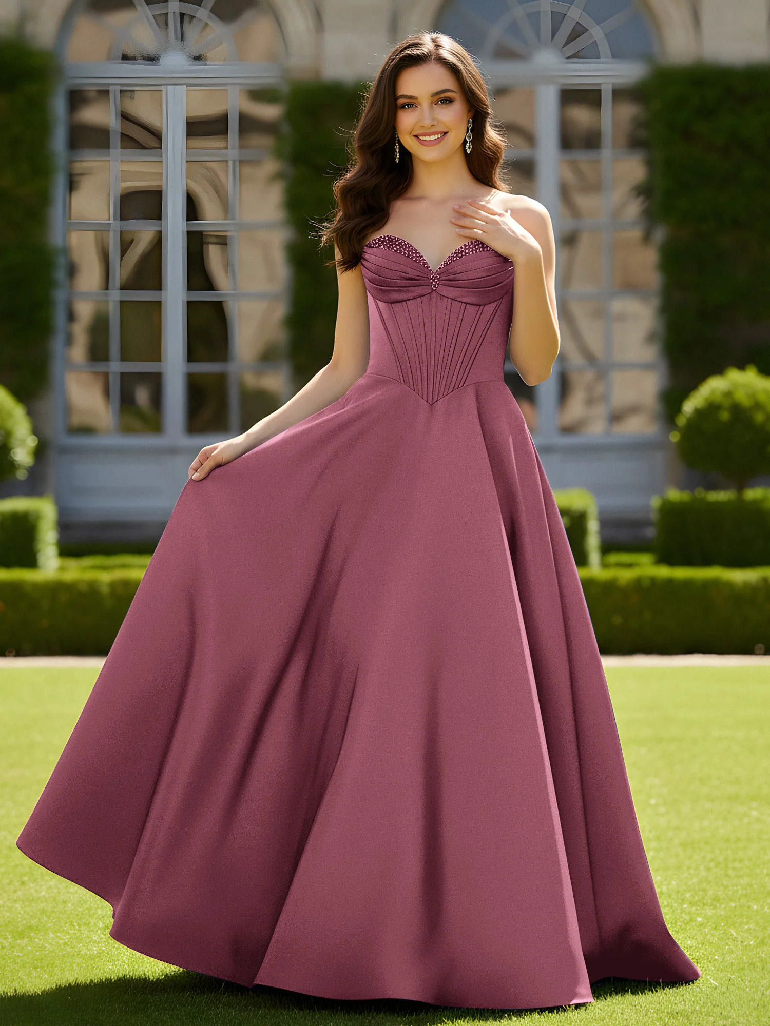 Sleeveless Sweep Train Satin Lace-Up Gown Mulberry