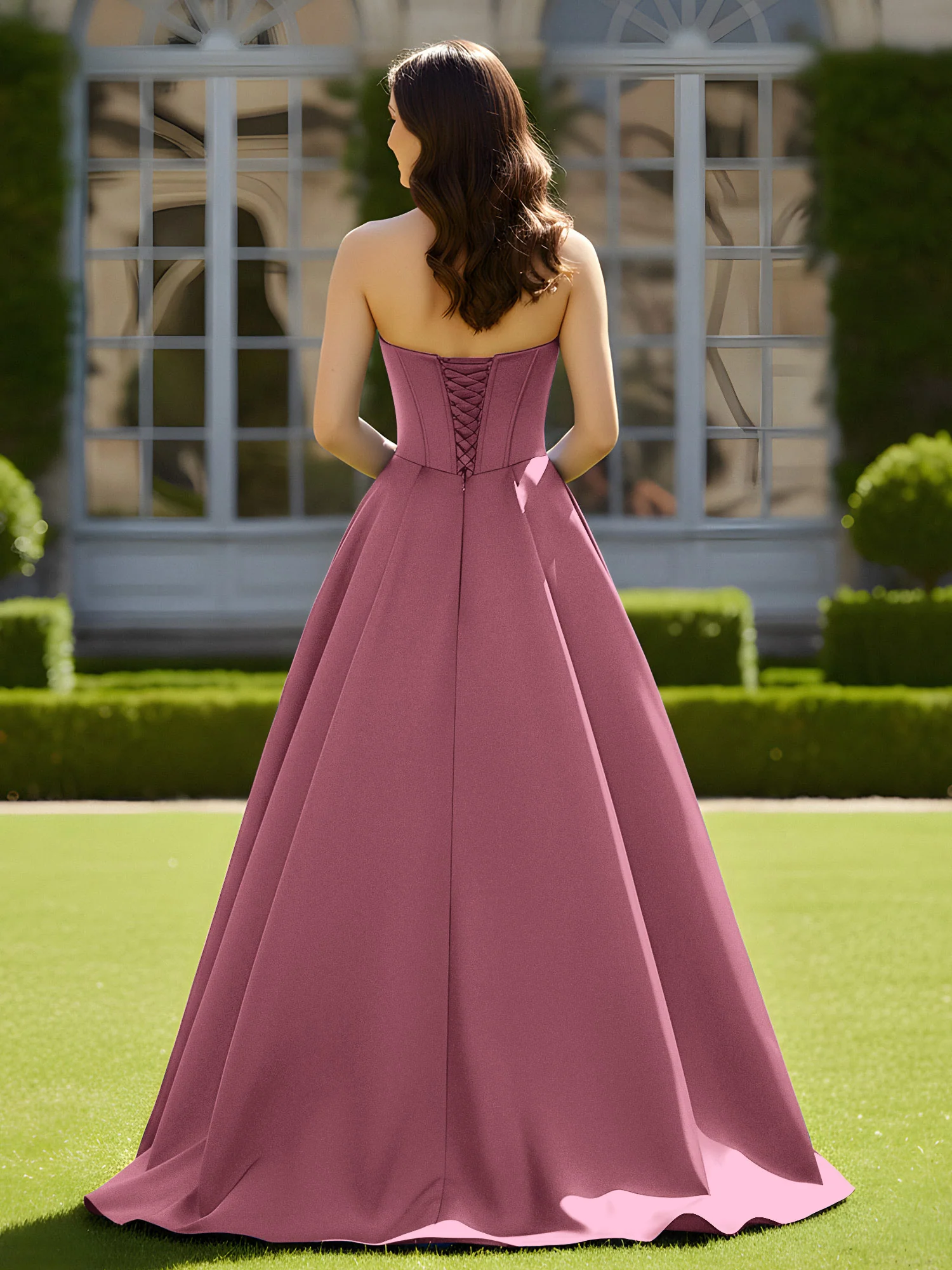 Sleeveless Sweep Train Satin Lace-Up Gown Mulberry - Image 2