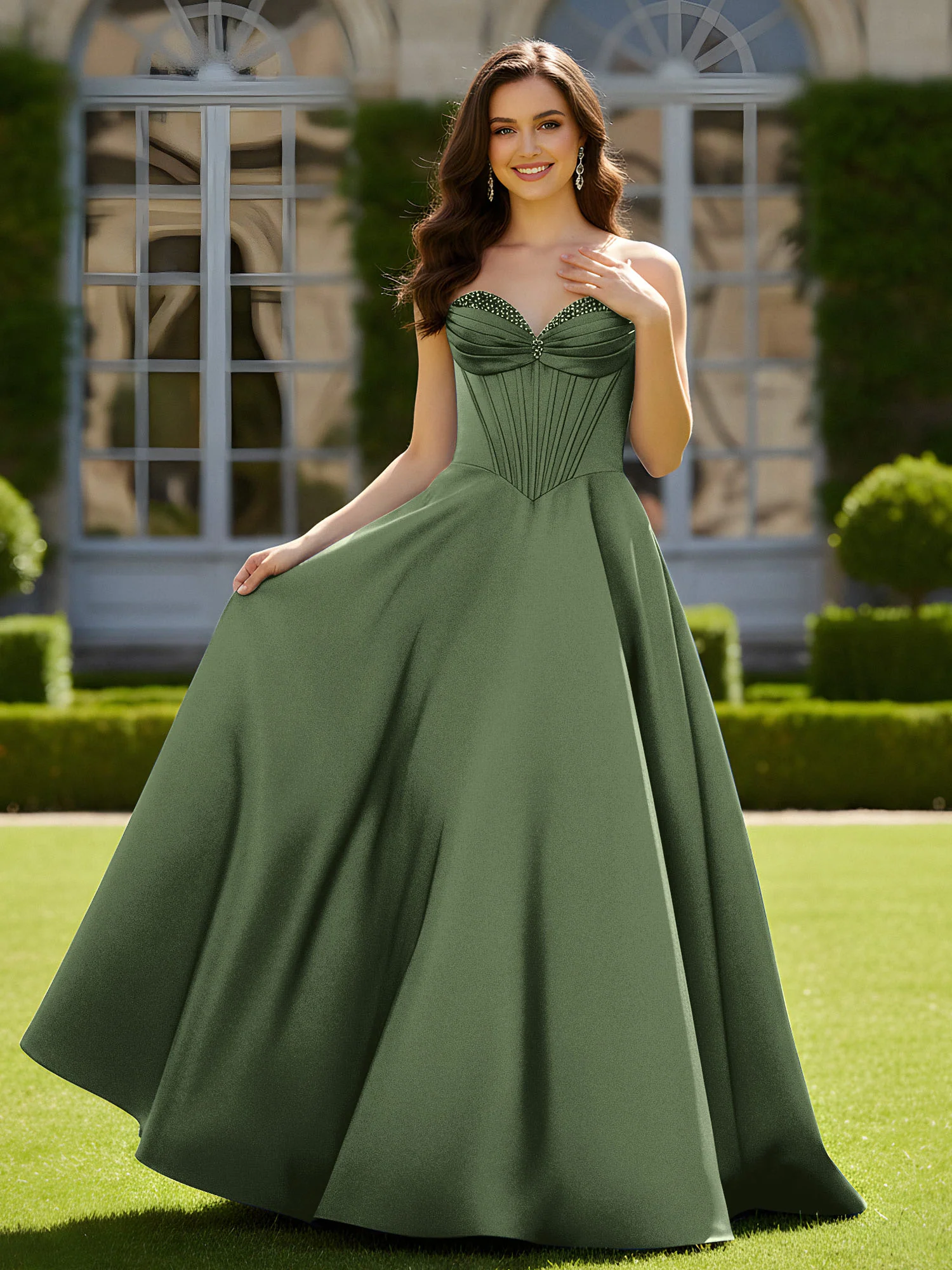 Sleeveless Sweep Train Satin Lace-Up Gown Olive Green