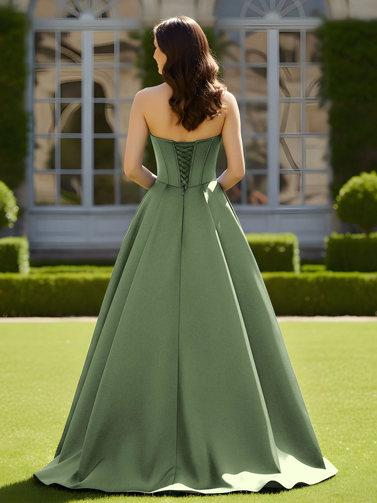 Sleeveless Sweep Train Satin Lace-Up Gown Olive Green - Image 2