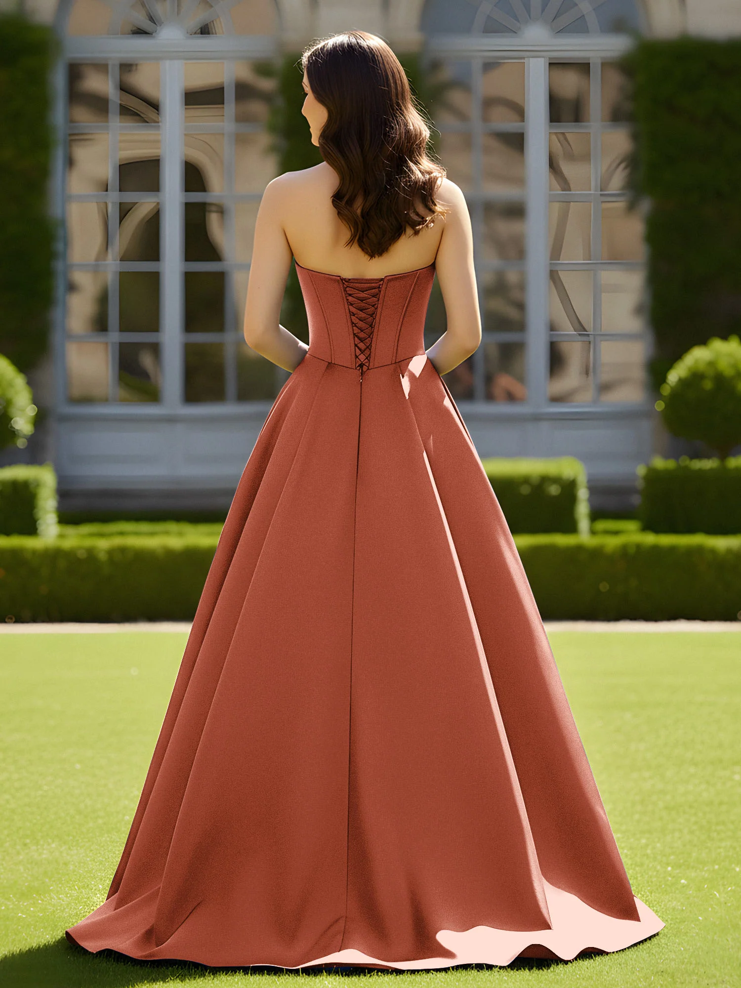 Sleeveless Sweep Train Satin Lace-Up Gown Rust - Image 2