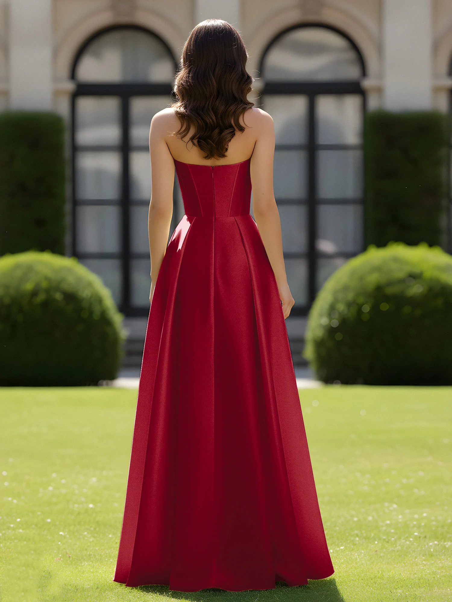 A-Line Sweetheart Satin Zipper Floor Length Gown Burgundy - Image 2