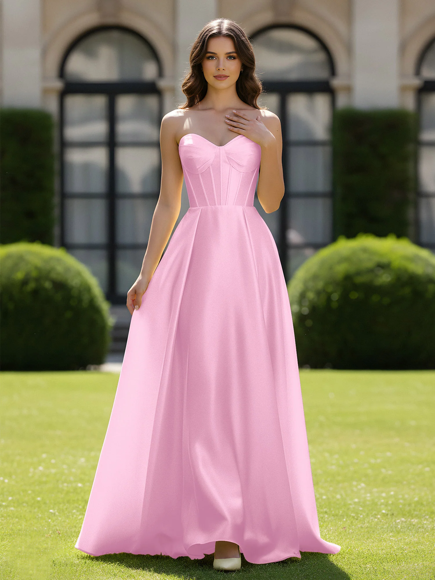 A-Line Sweetheart Satin Zipper Floor Length Gown Candy Pink