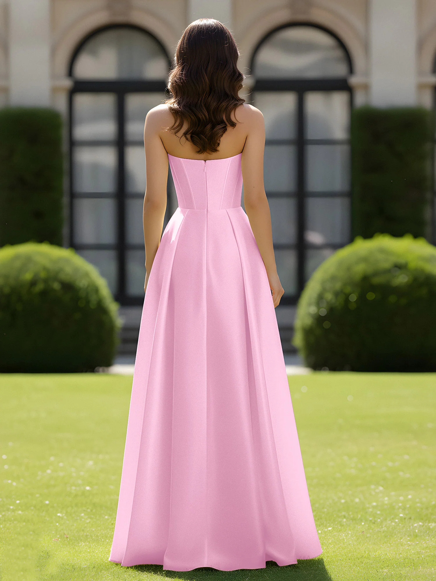A-Line Sweetheart Satin Zipper Floor Length Gown Candy Pink - Image 2