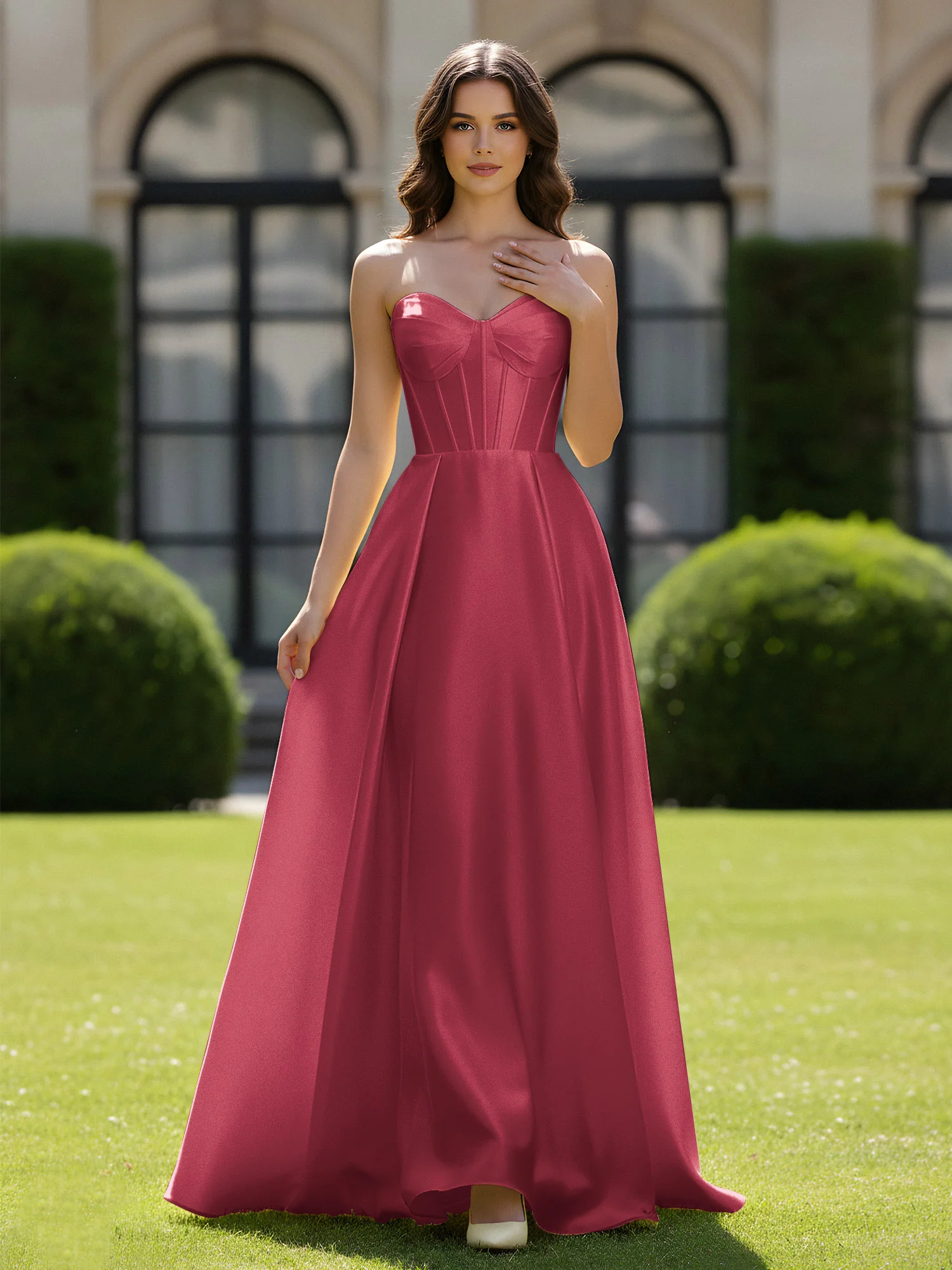 A-Line Sweetheart Satin Zipper Floor Length Gown Cinnamon Rose