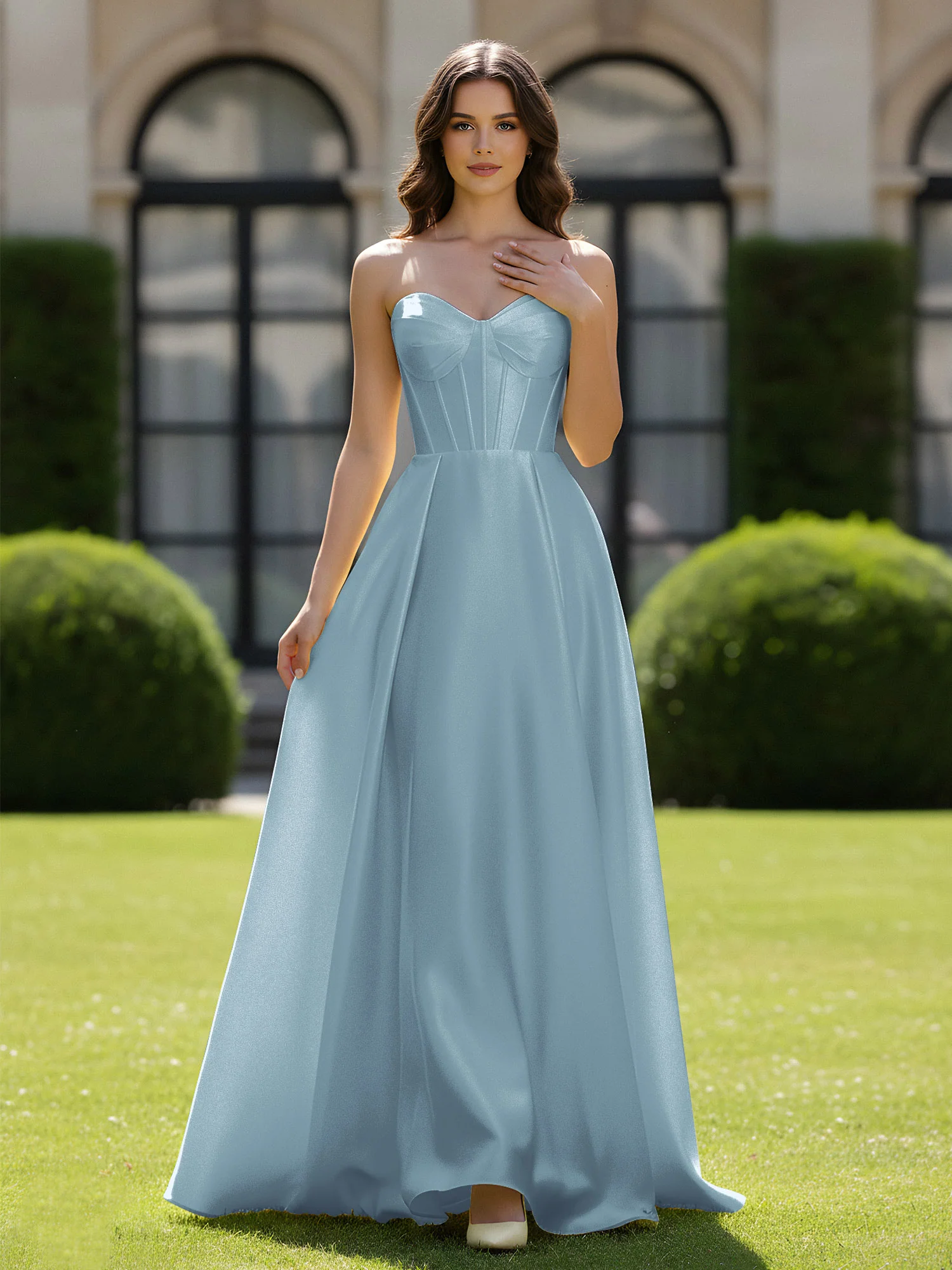 A-Line Sweetheart Satin Zipper Floor Length Gown Dusty Blue