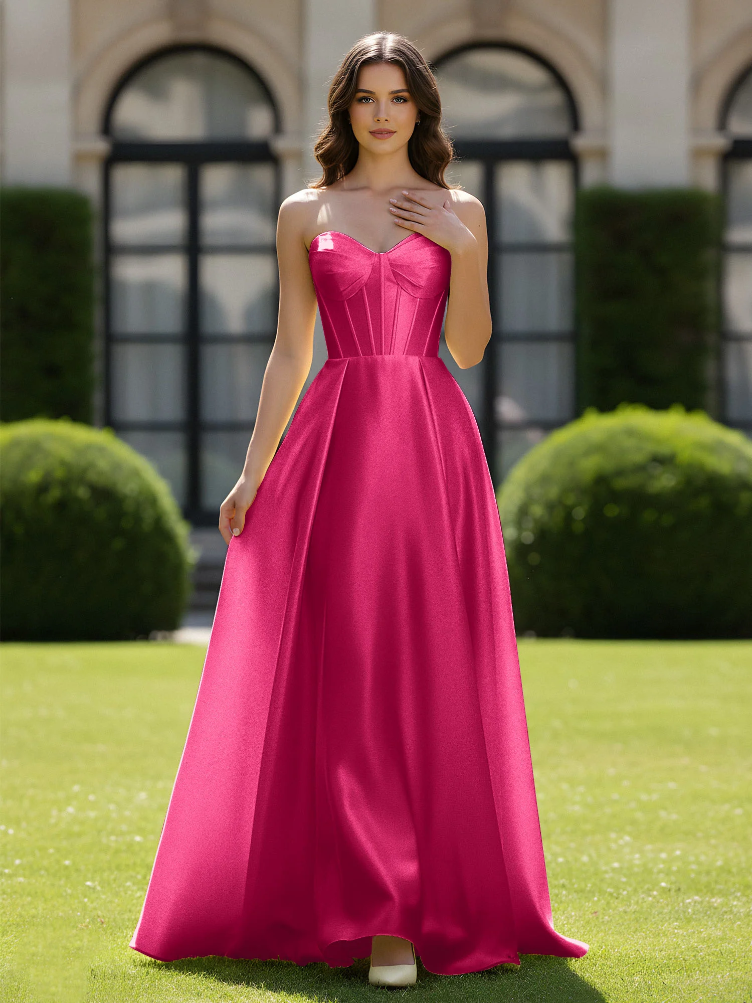 A-Line Sweetheart Satin Zipper Floor Length Gown Fuchsia
