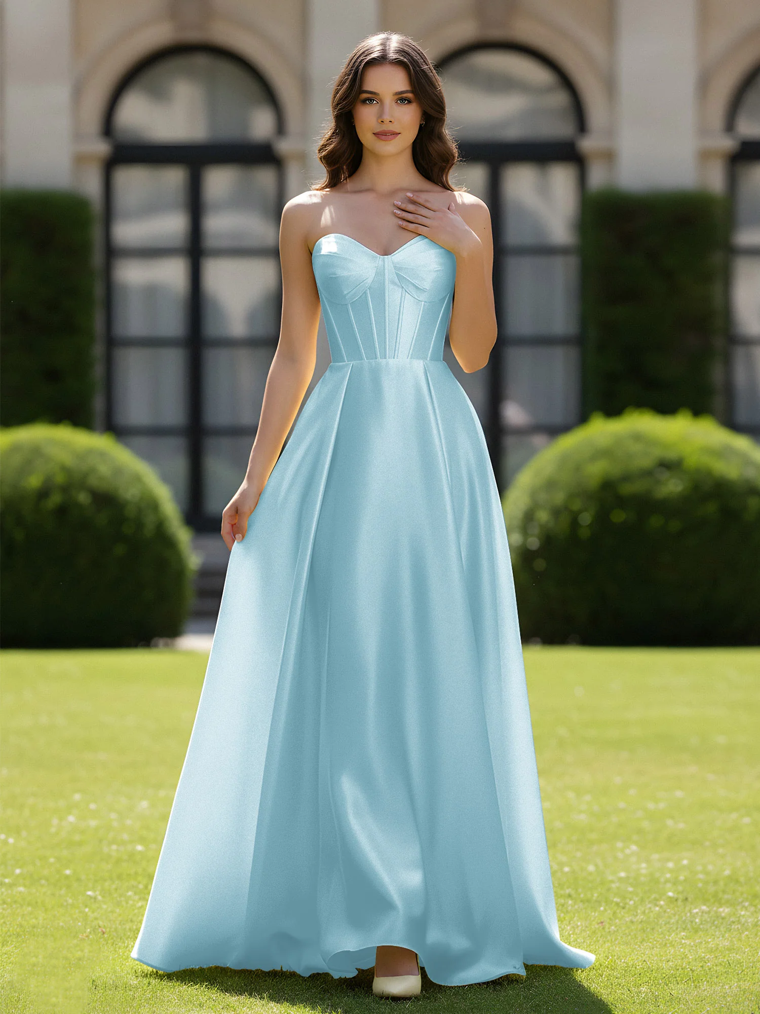 A-Line Sweetheart Satin Zipper Floor Length Gown Mist