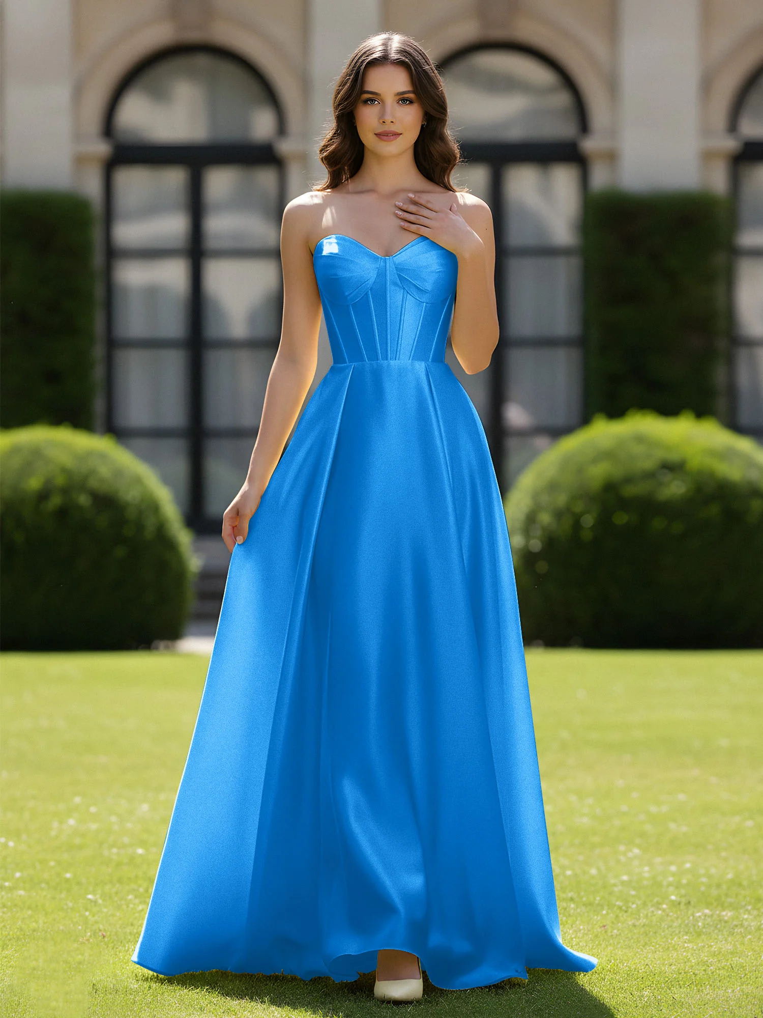 A-Line Sweetheart Satin Zipper Floor Length Gown Ocean Blue