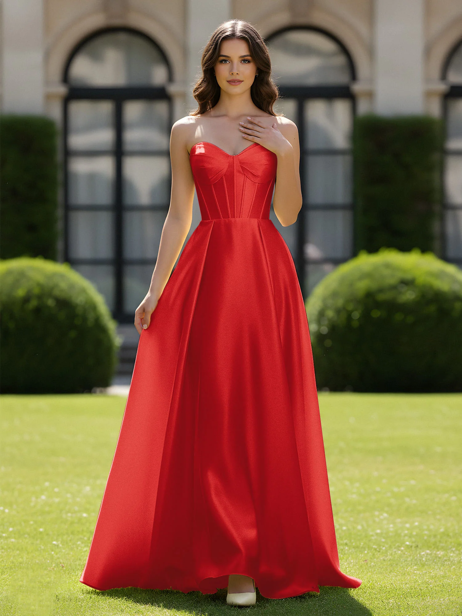 A-Line Sweetheart Satin Zipper Floor Length Gown Red