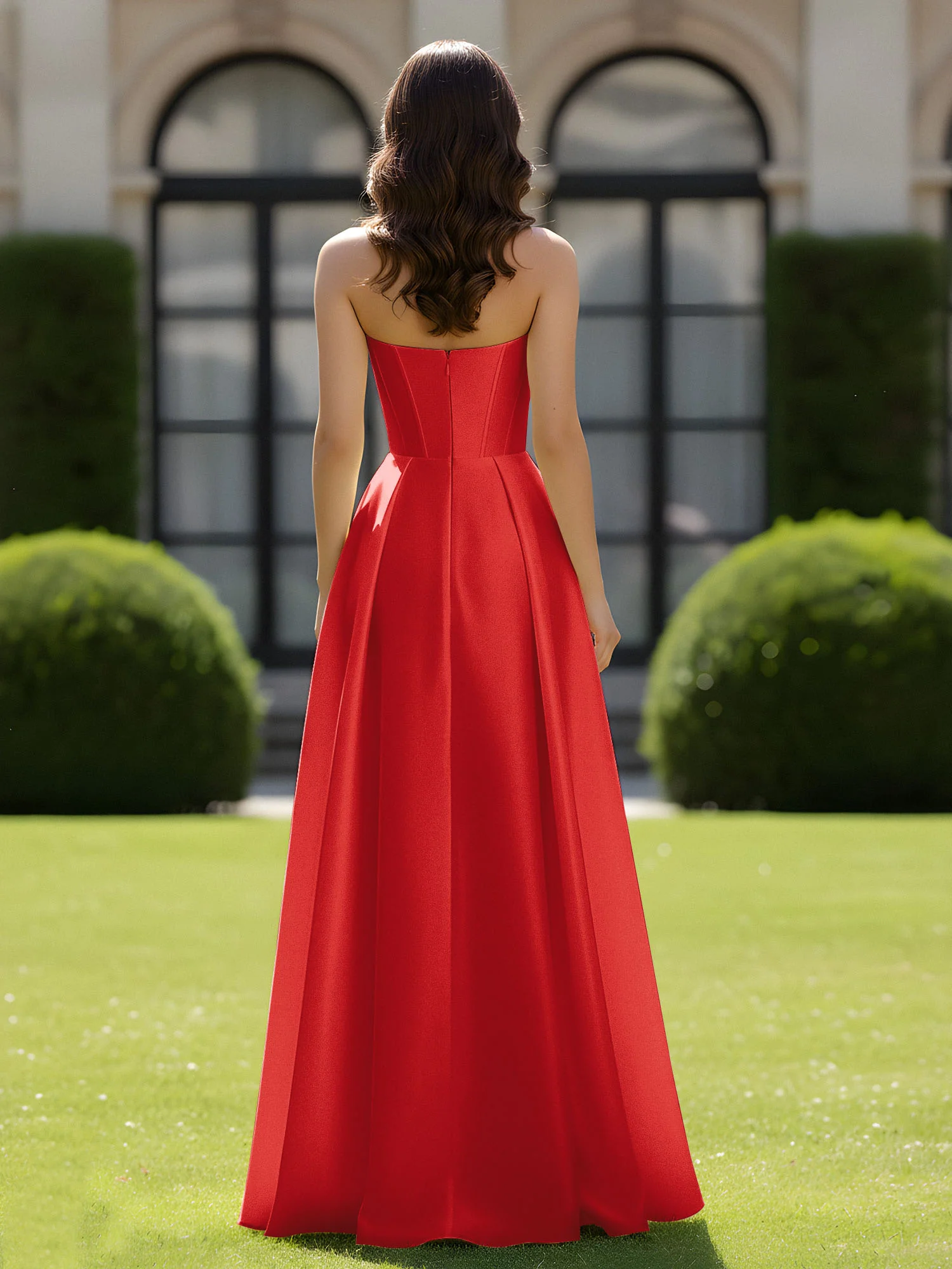 A-Line Sweetheart Satin Zipper Floor Length Gown Red - Image 2