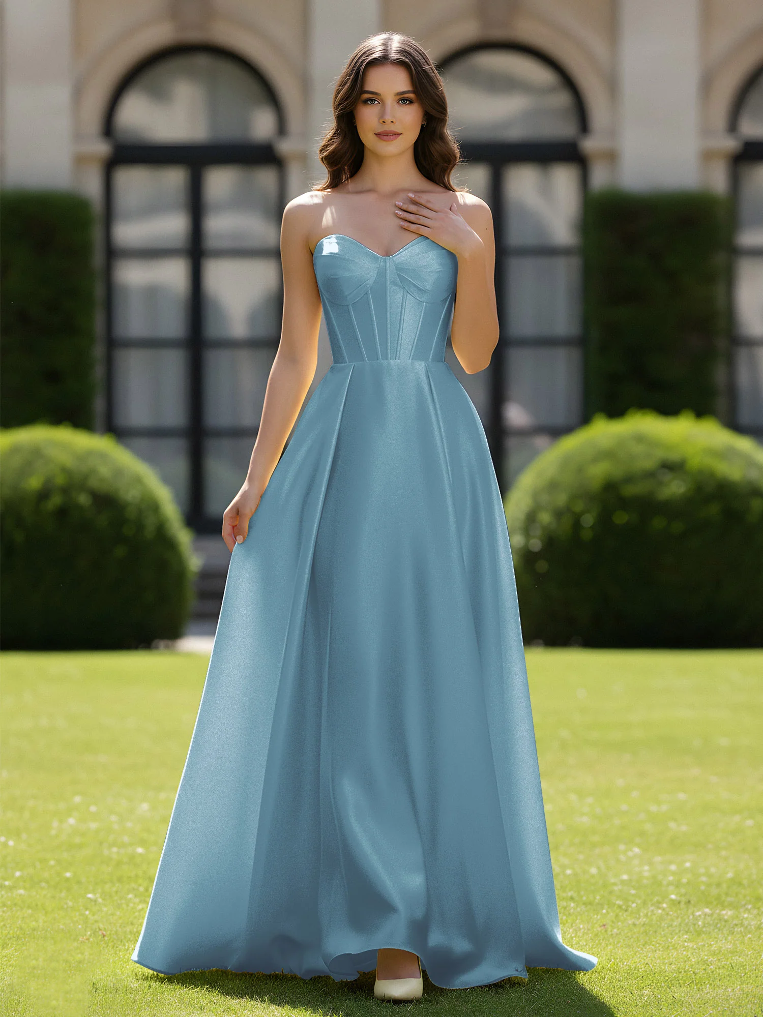 A-Line Sweetheart Satin Zipper Floor Length Gown Slate Blue