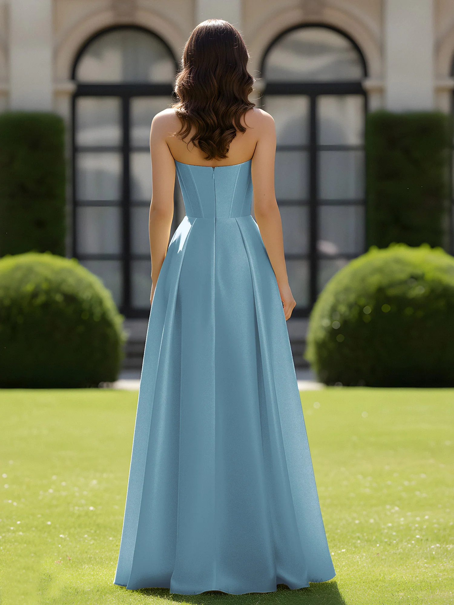 A-Line Sweetheart Satin Zipper Floor Length Gown Slate Blue - Image 2