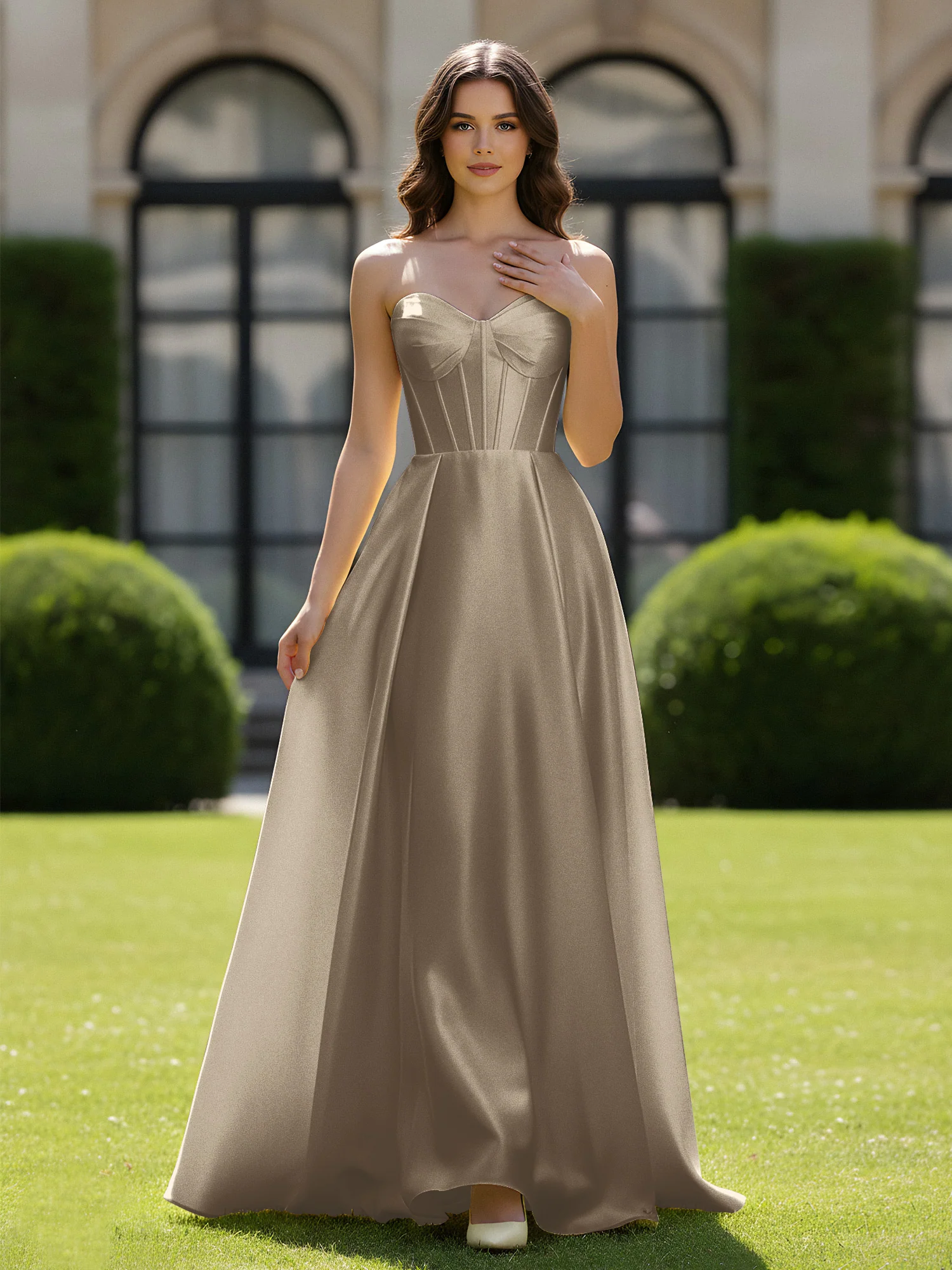 A-Line Sweetheart Satin Zipper Floor Length Gown Taupe