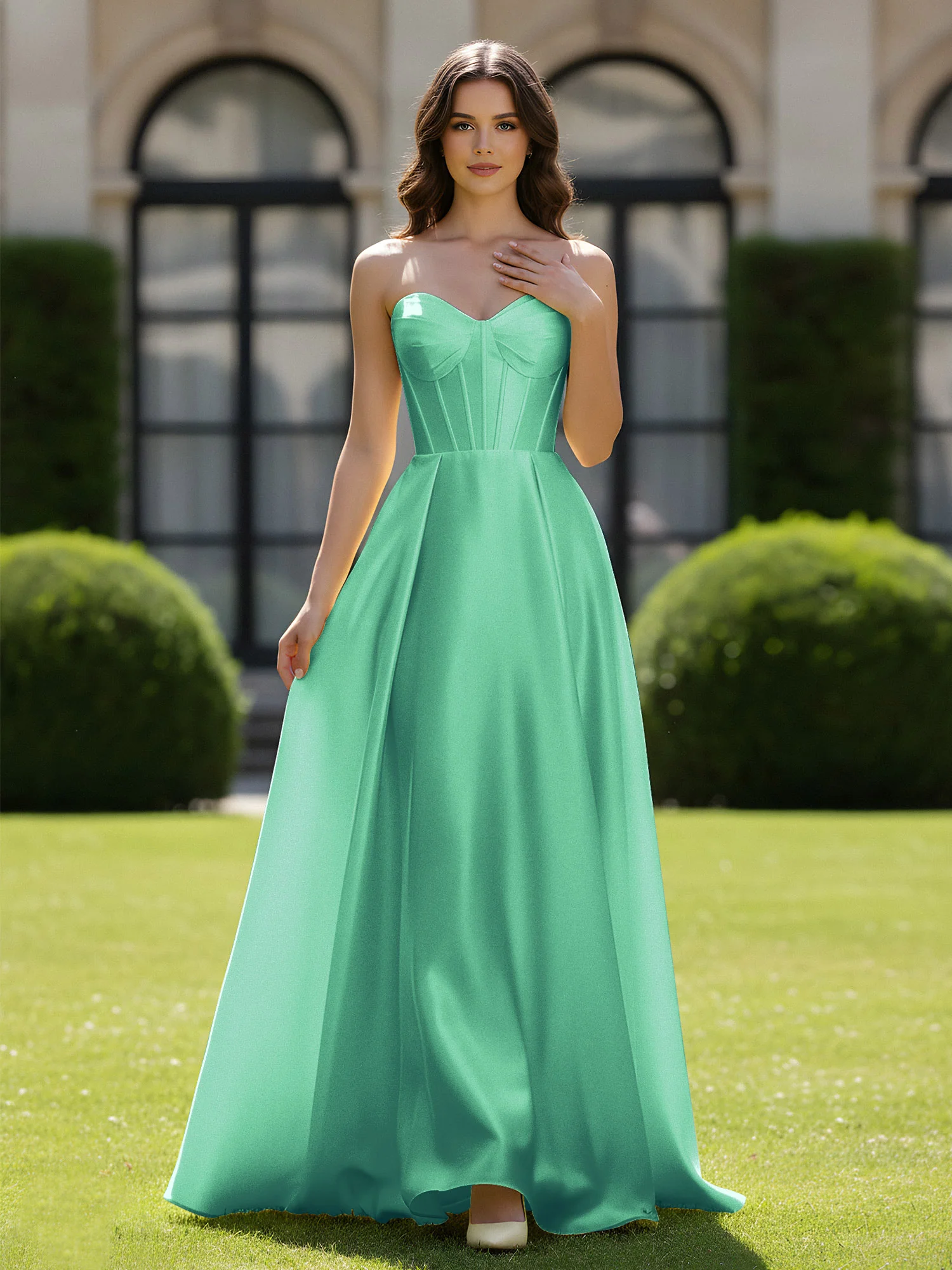A-Line Sweetheart Satin Zipper Floor Length Gown Turquoise
