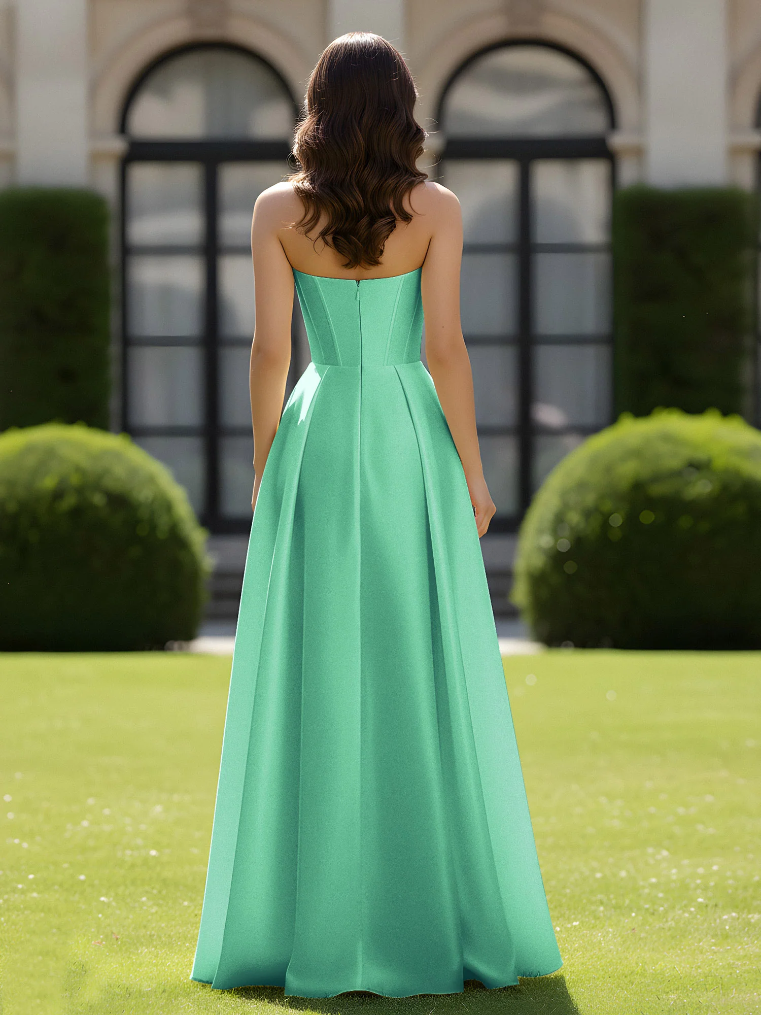 A-Line Sweetheart Satin Zipper Floor Length Gown Turquoise - Image 2