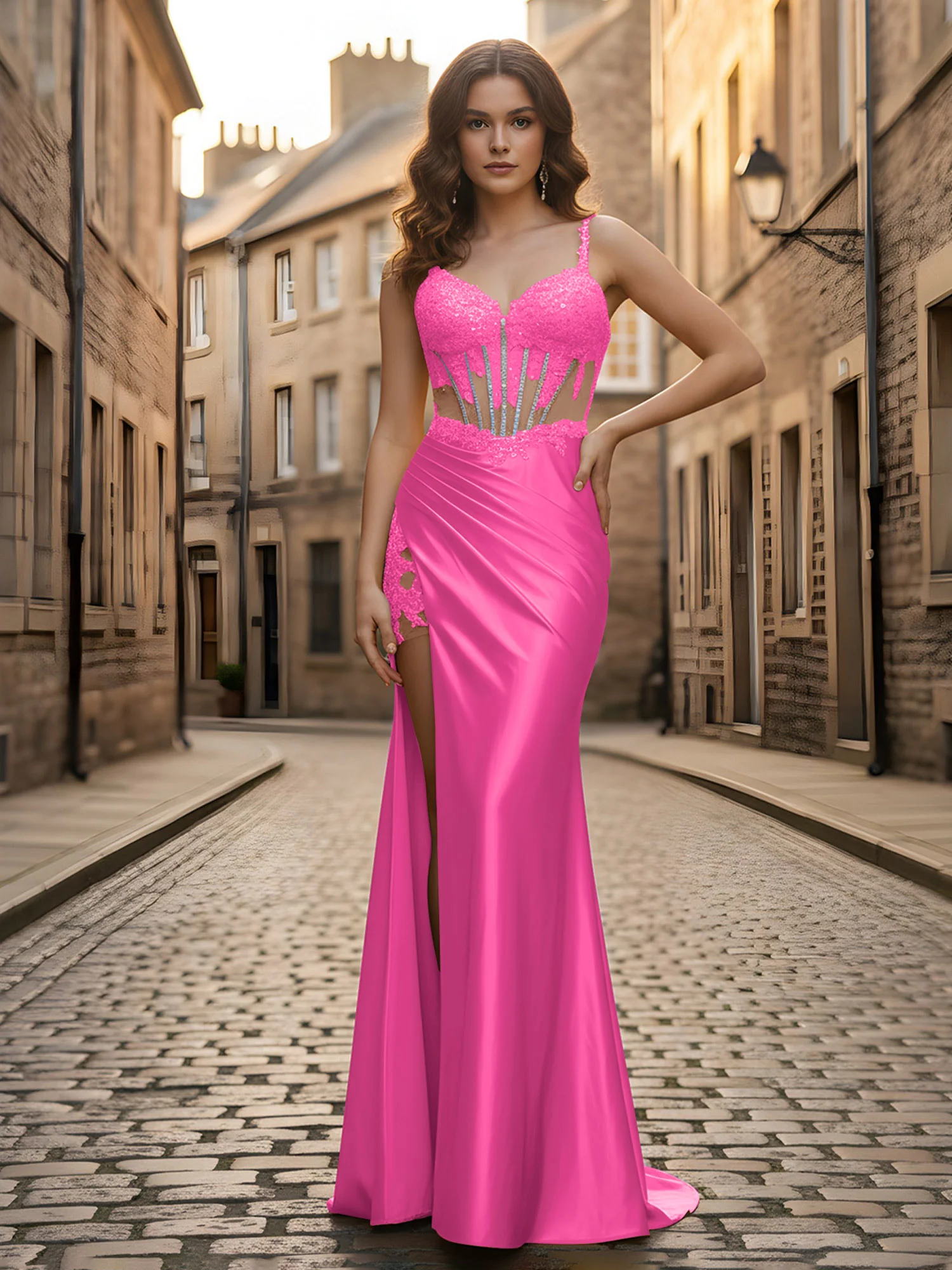 Sweetheart Lace Sequins Sheath Dress With Slit Azalea
