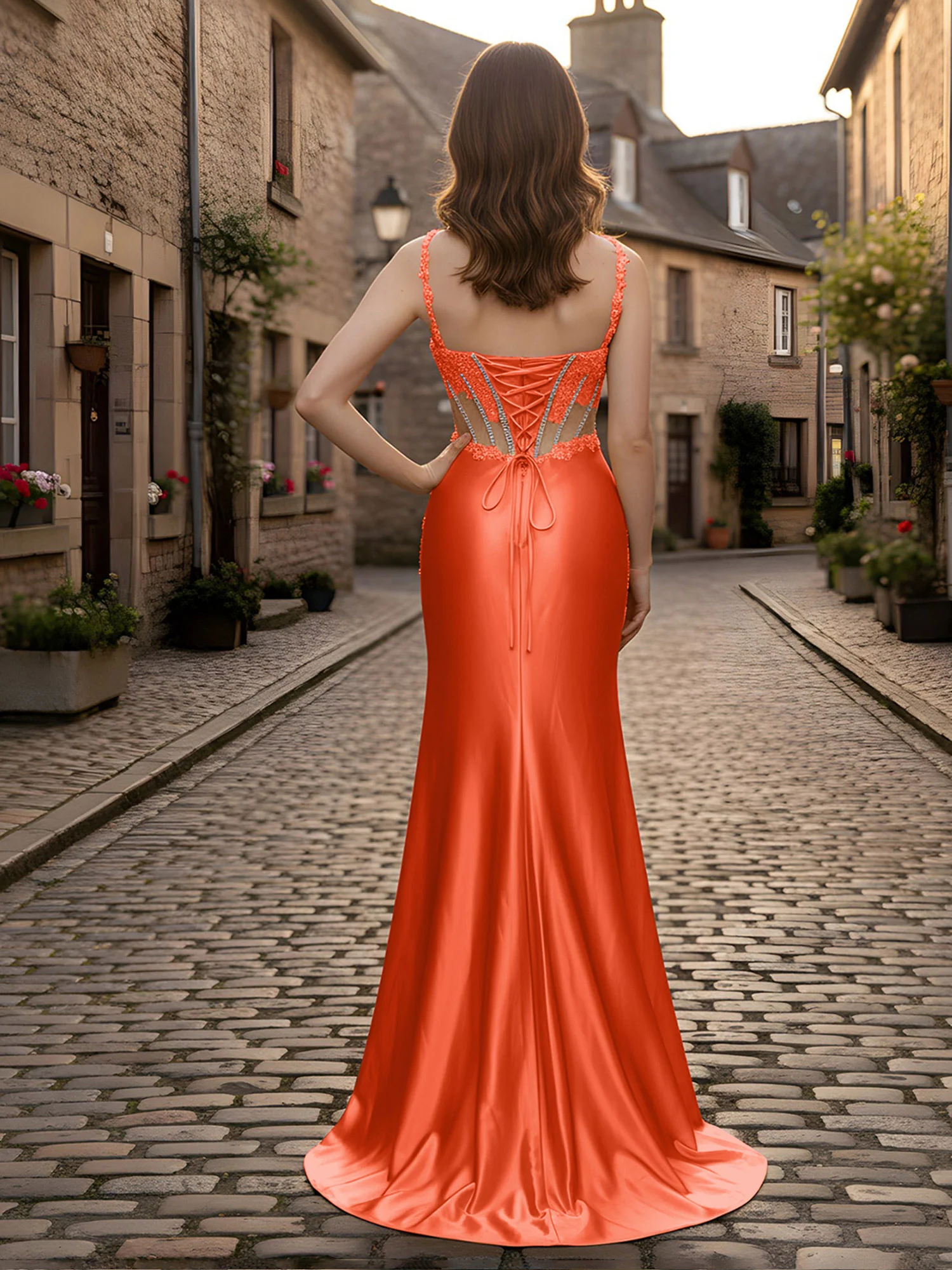 Sweetheart Lace Sequins Sheath Dress With Slit Rust - Image 2
