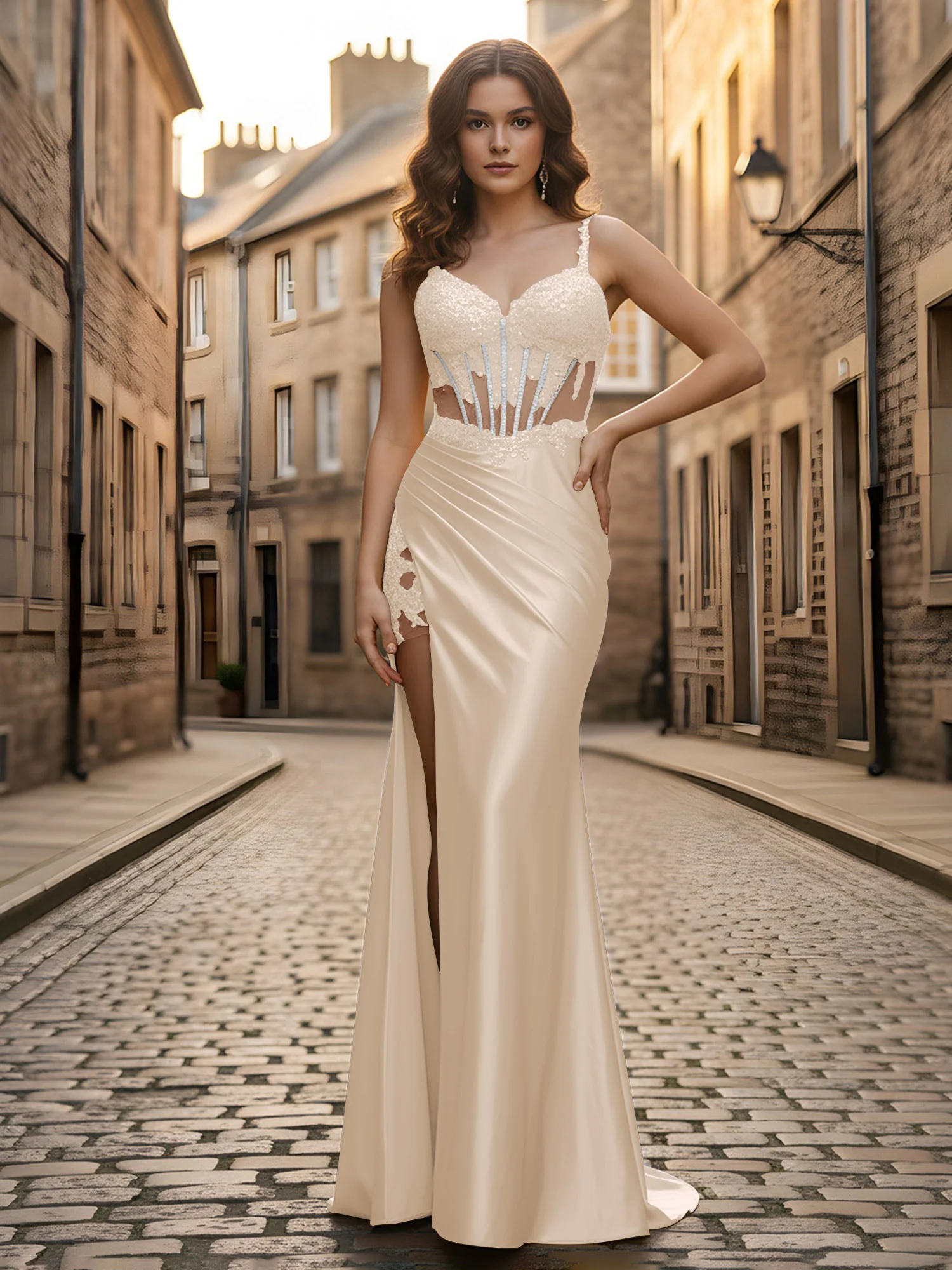 Sweetheart Lace Sequins Sheath Dress With Slit Taupe