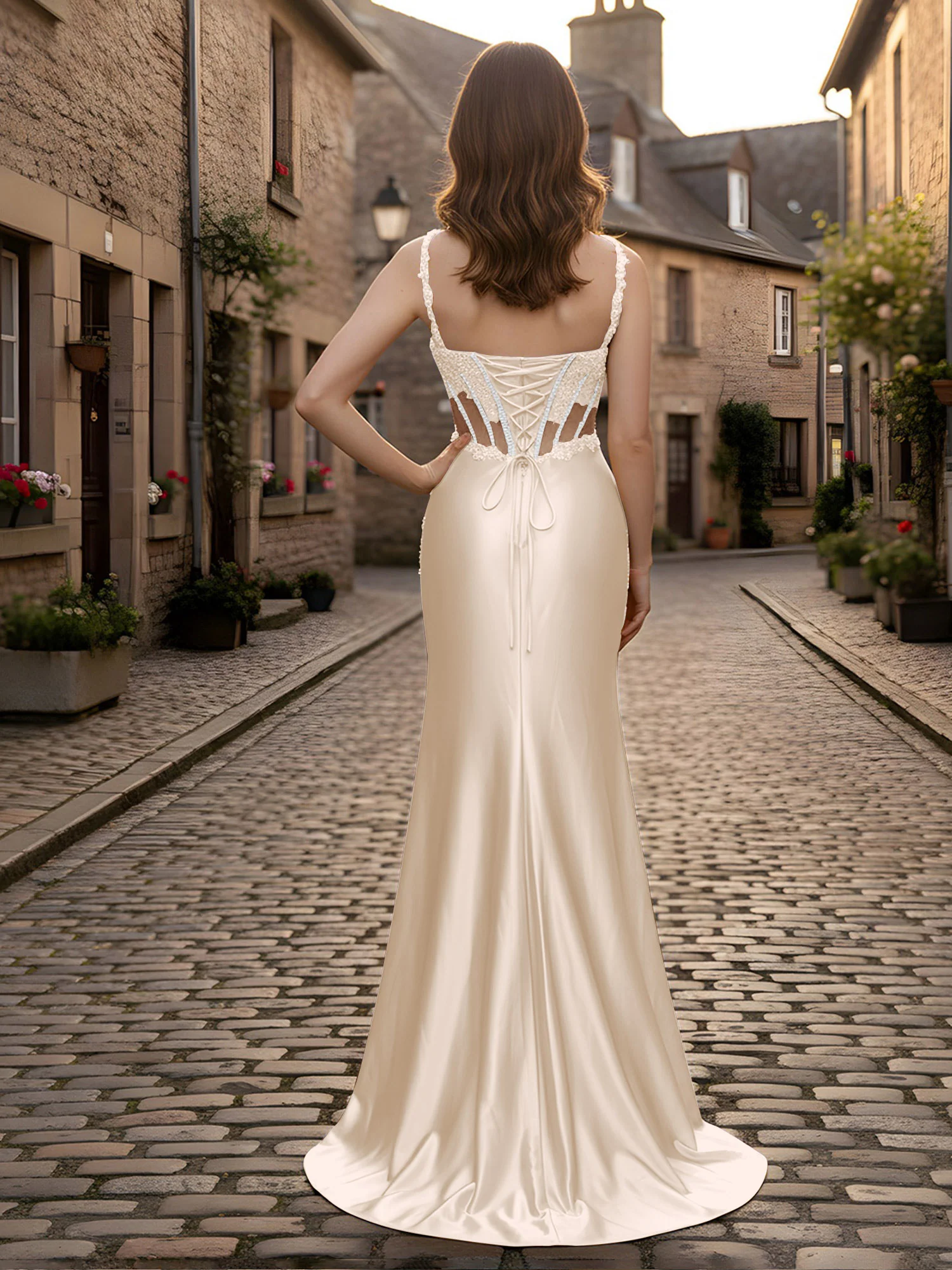 Sweetheart Lace Sequins Sheath Dress With Slit Taupe - Image 2