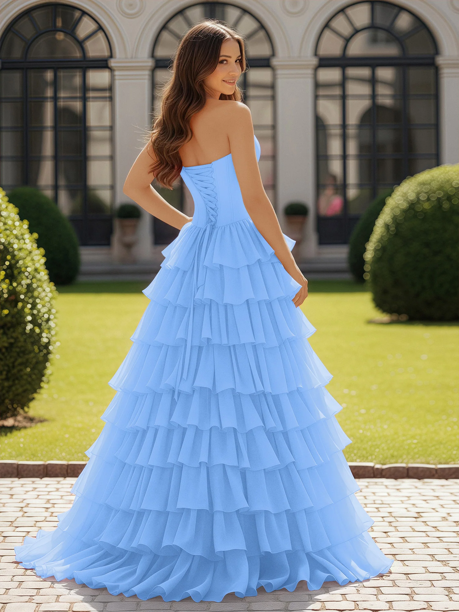 Ball Gown Strapless Chiffon Ruffle Prom Dress With Bow Blue - Image 2