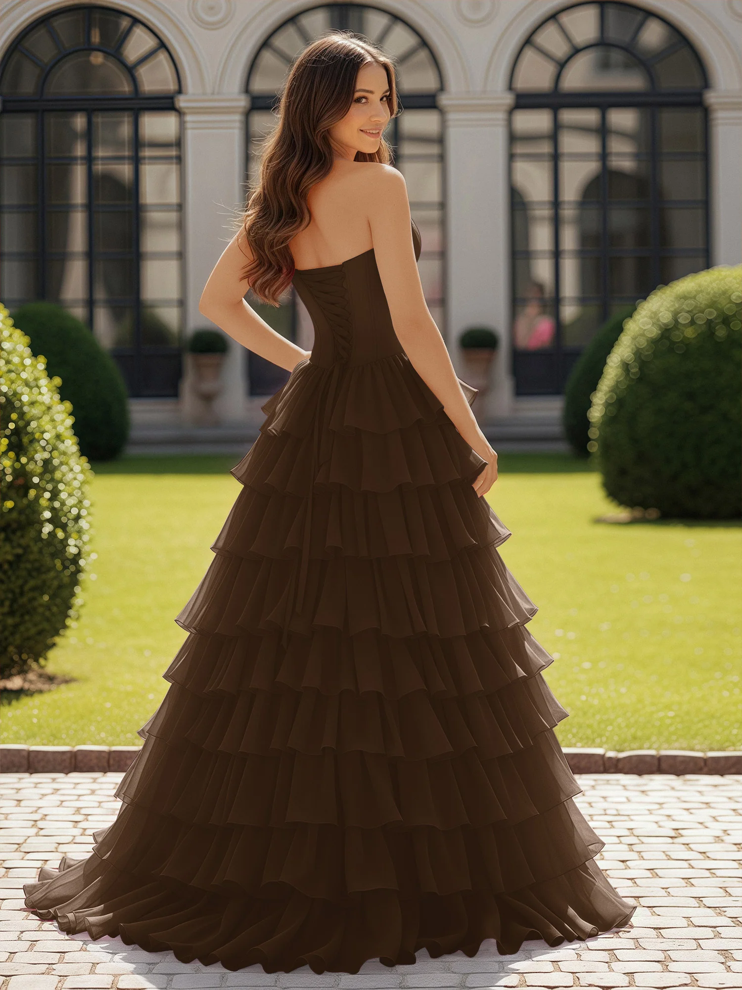 Ball Gown Strapless Chiffon Ruffle Prom Dress With Bow Brown - Image 2