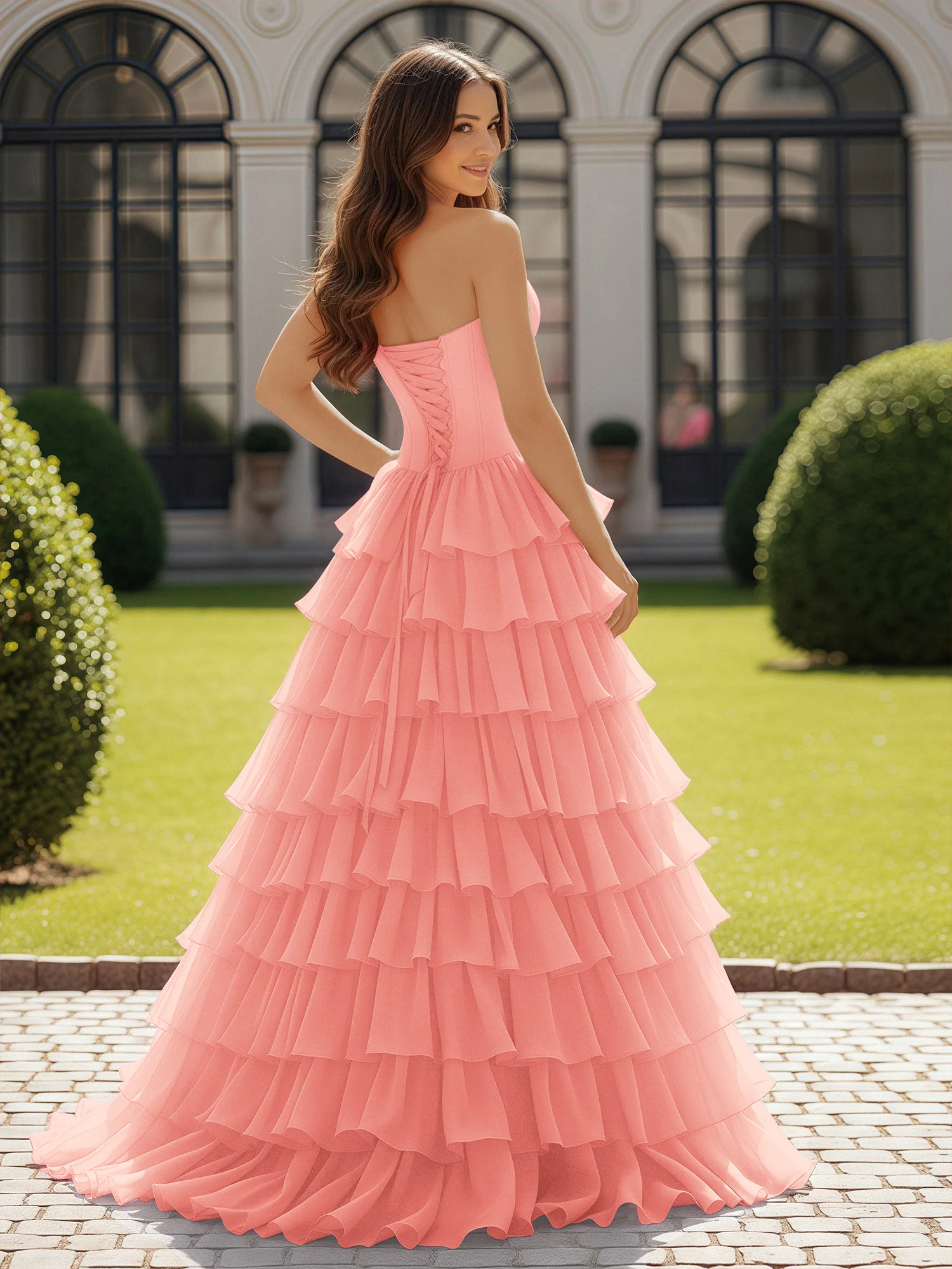 Ball Gown Strapless Chiffon Ruffle Prom Dress With Bow Coral - Image 2