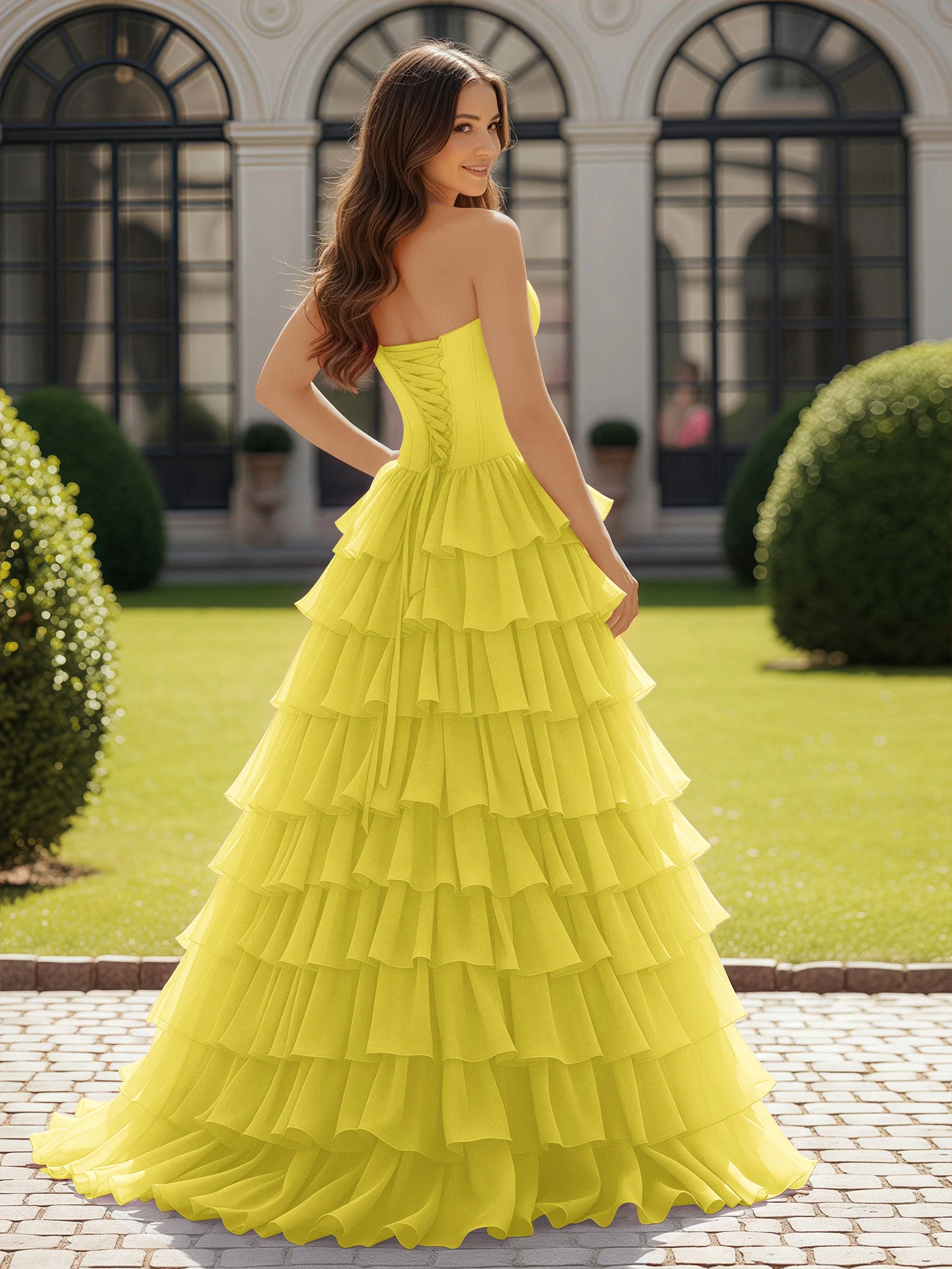 Ball Gown Strapless Chiffon Ruffle Prom Dress With Bow Lemon - Image 2
