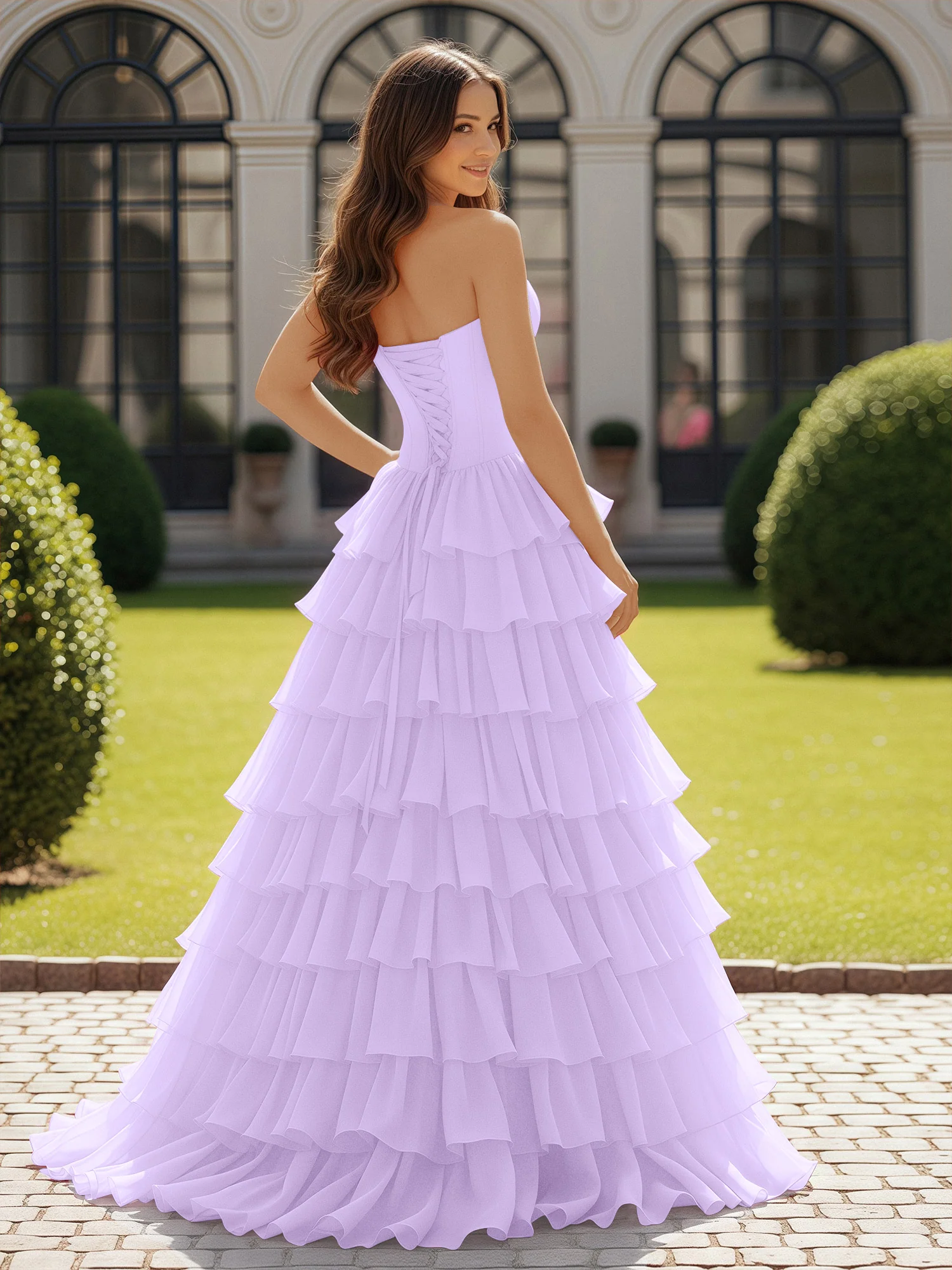 Ball Gown Strapless Chiffon Ruffle Prom Dress With Bow Lilac - Image 2