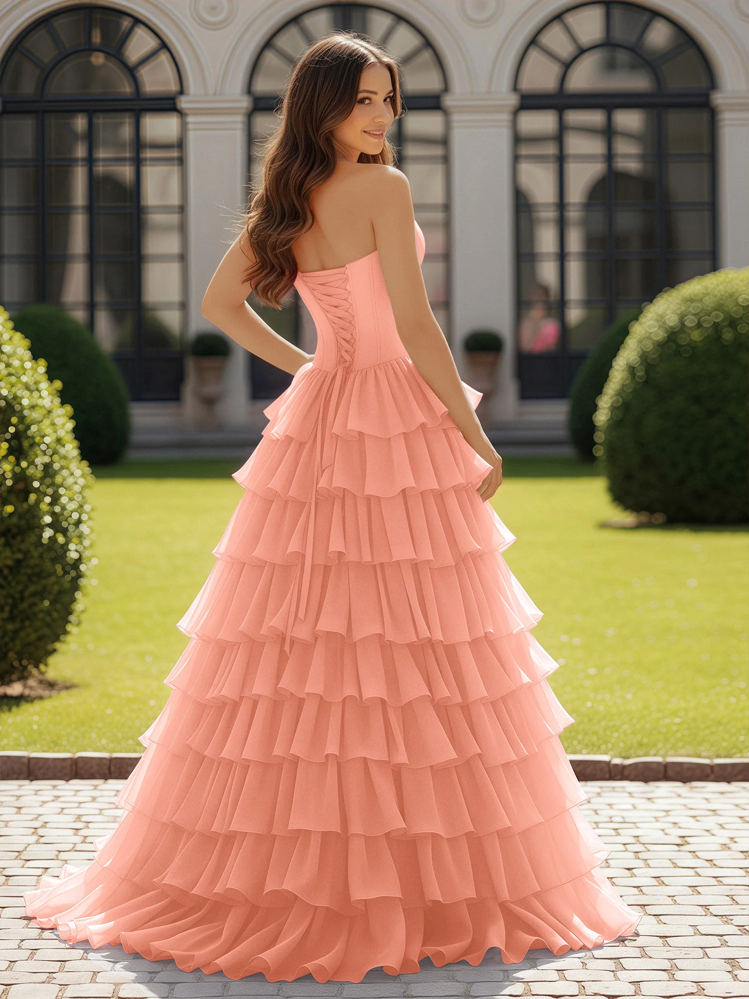 Ball Gown Strapless Chiffon Ruffle Prom Dress With Bow Papaya - Image 2