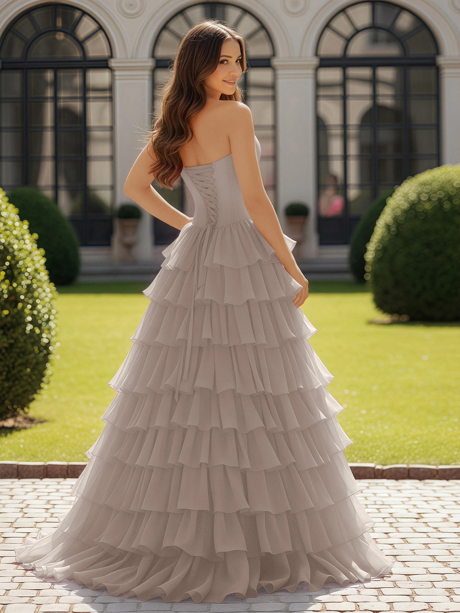 Ball Gown Strapless Chiffon Ruffle Prom Dress With Bow Taupe - Image 2