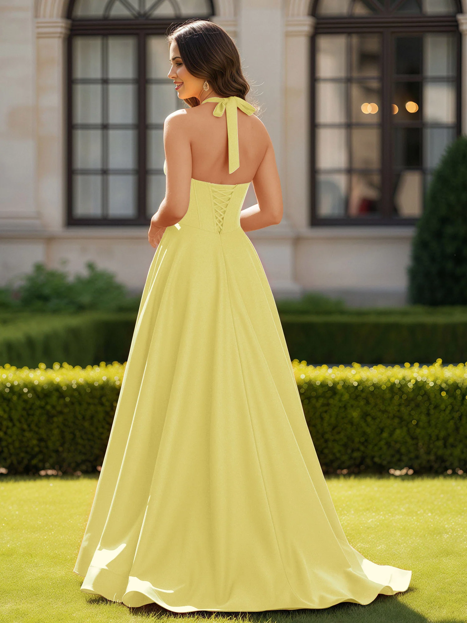 Halter Neck Sleeveless Satin Graceful Prom Dress Daffodil - Image 2