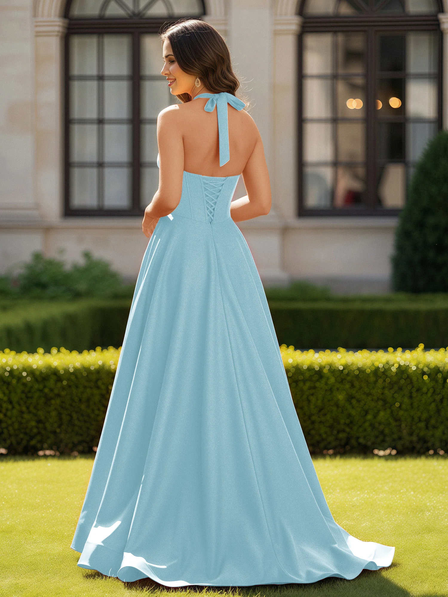 Halter Neck Sleeveless Satin Graceful Prom Dress Mist - Image 2