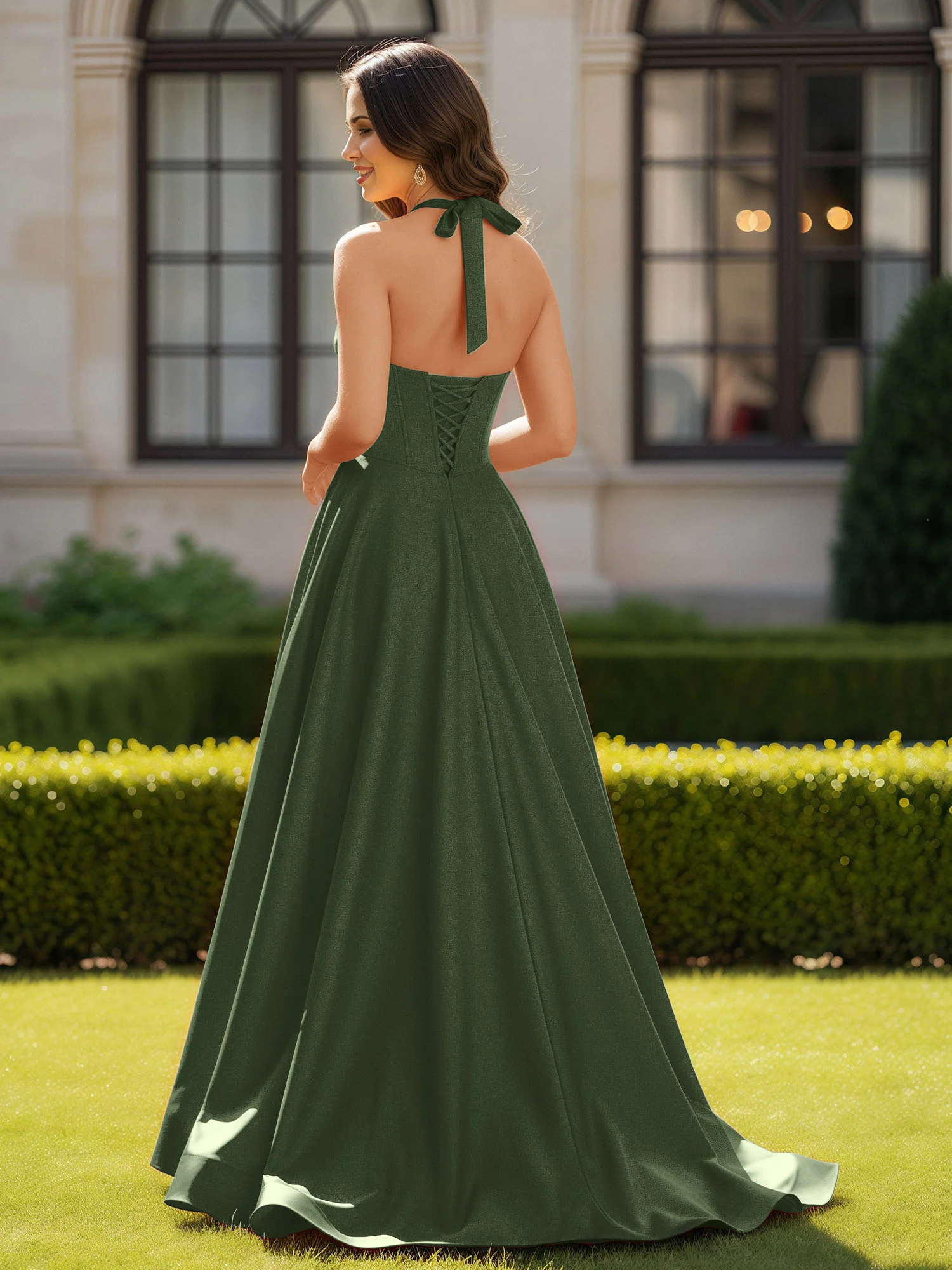 Halter Neck Sleeveless Satin Graceful Prom Dress Olive Green - Image 2