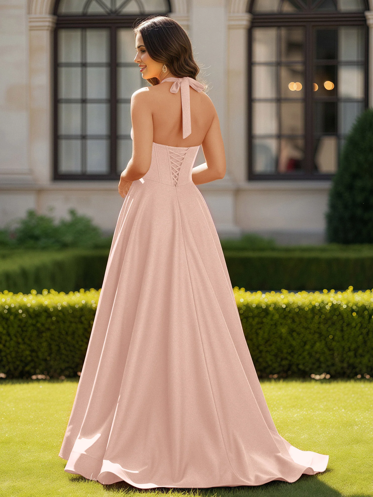 Halter Neck Sleeveless Satin Graceful Prom Dress Pearl Pink - Image 2