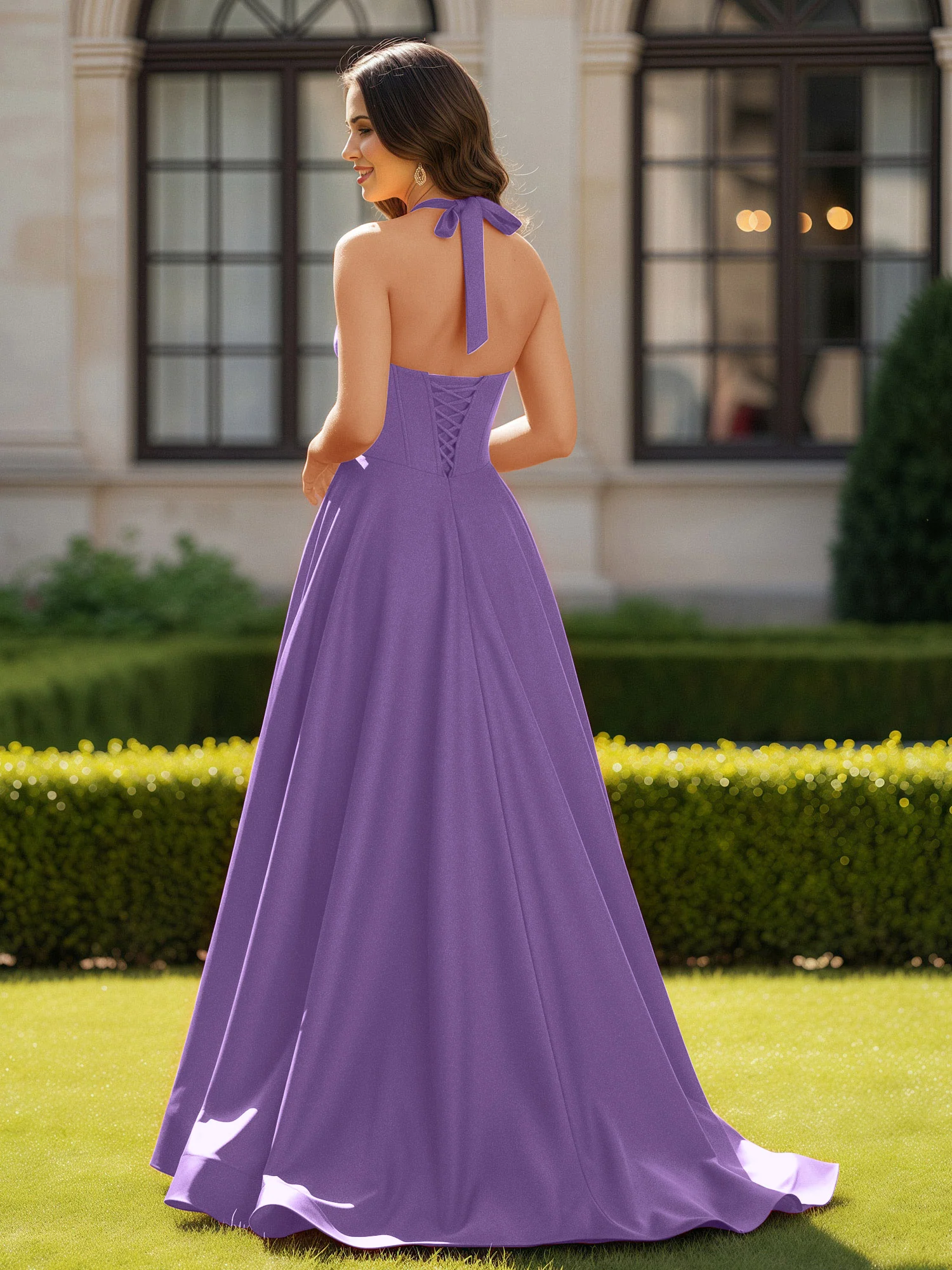Halter Neck Sleeveless Satin Graceful Prom Dress Tahiti - Image 2