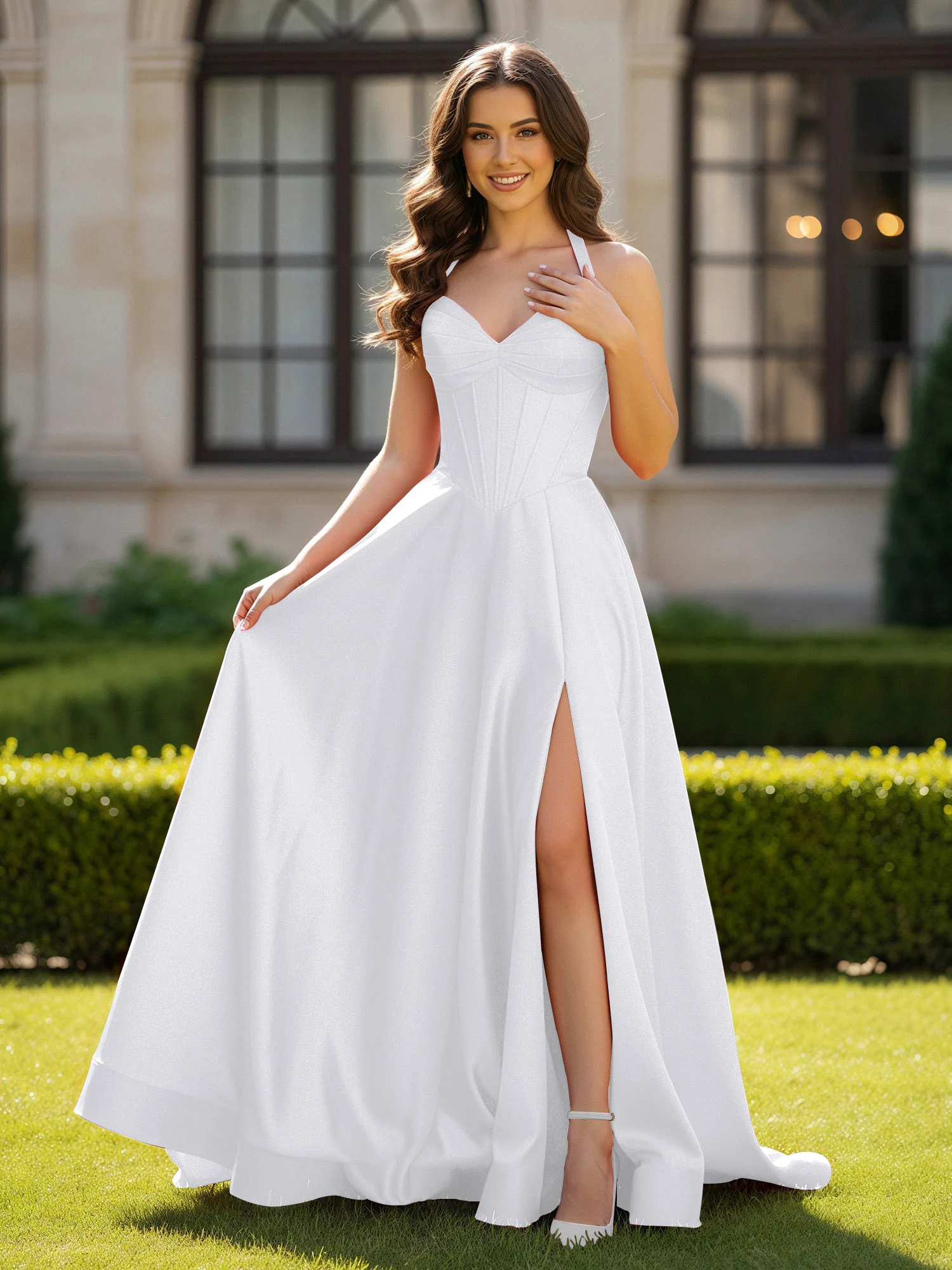 Halter Neck Sleeveless Satin Graceful Prom Dress White