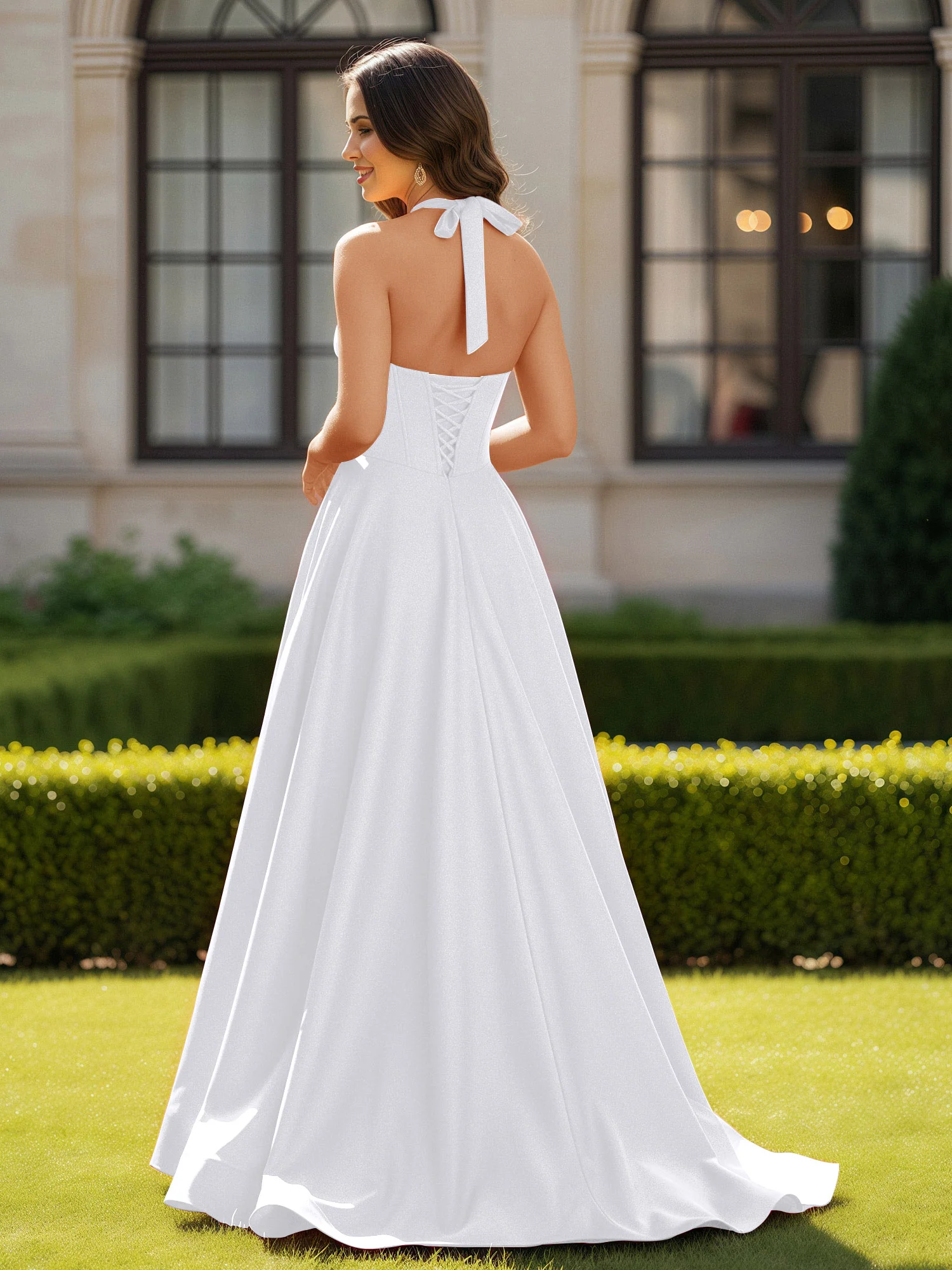 Halter Neck Sleeveless Satin Graceful Prom Dress White - Image 2