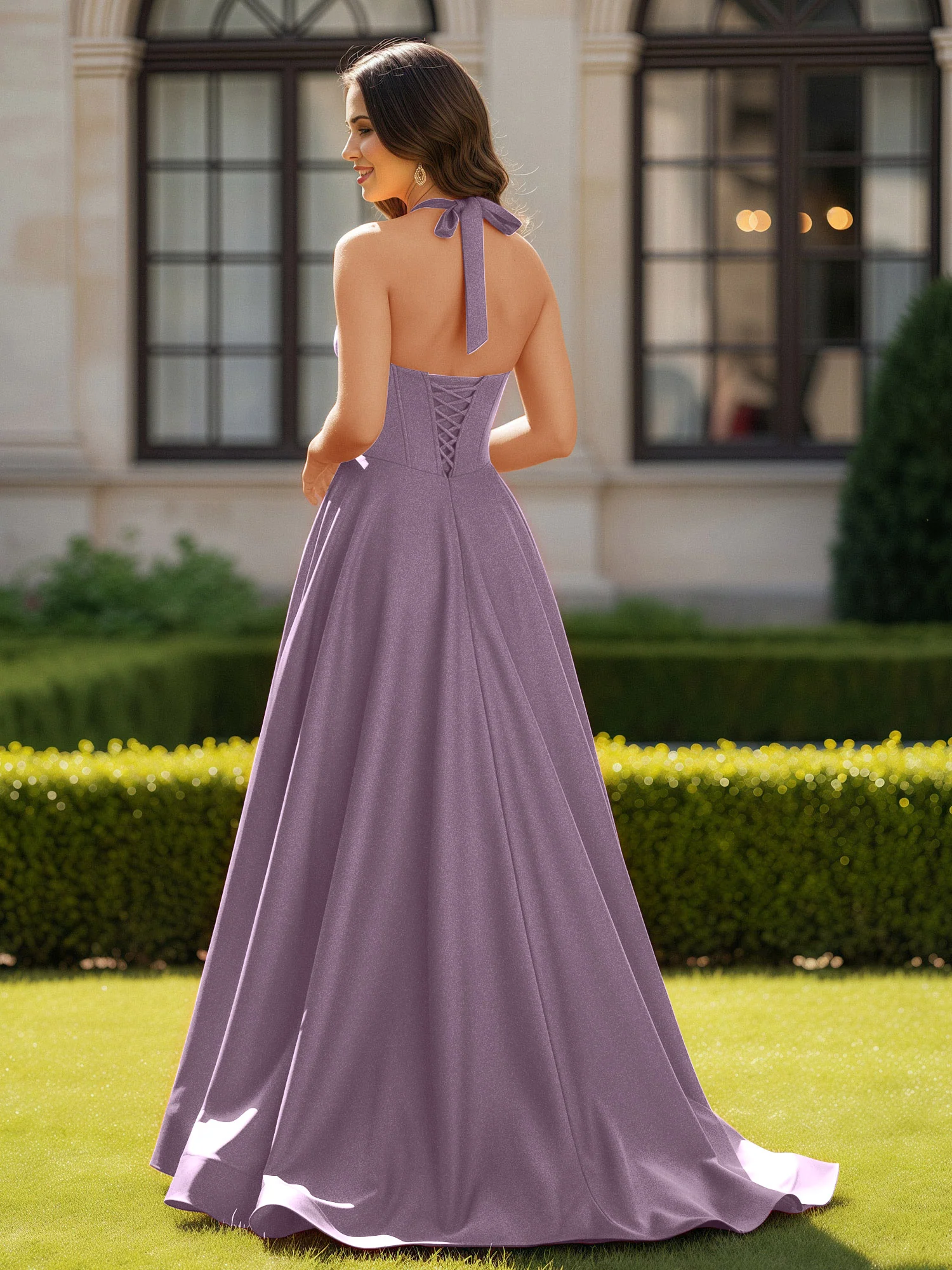 Halter Neck Sleeveless Satin Graceful Prom Dress Wisteria - Image 2