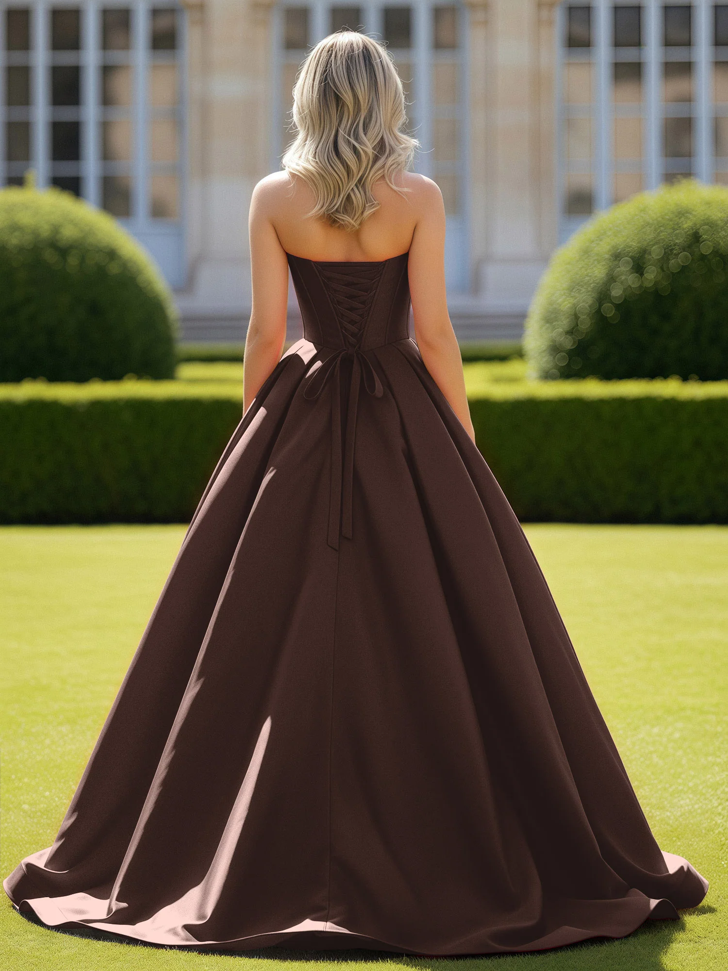 Sweetheart Satin Ball Gown Delicate Lace-Up Prom Dress Chocolate - Image 2