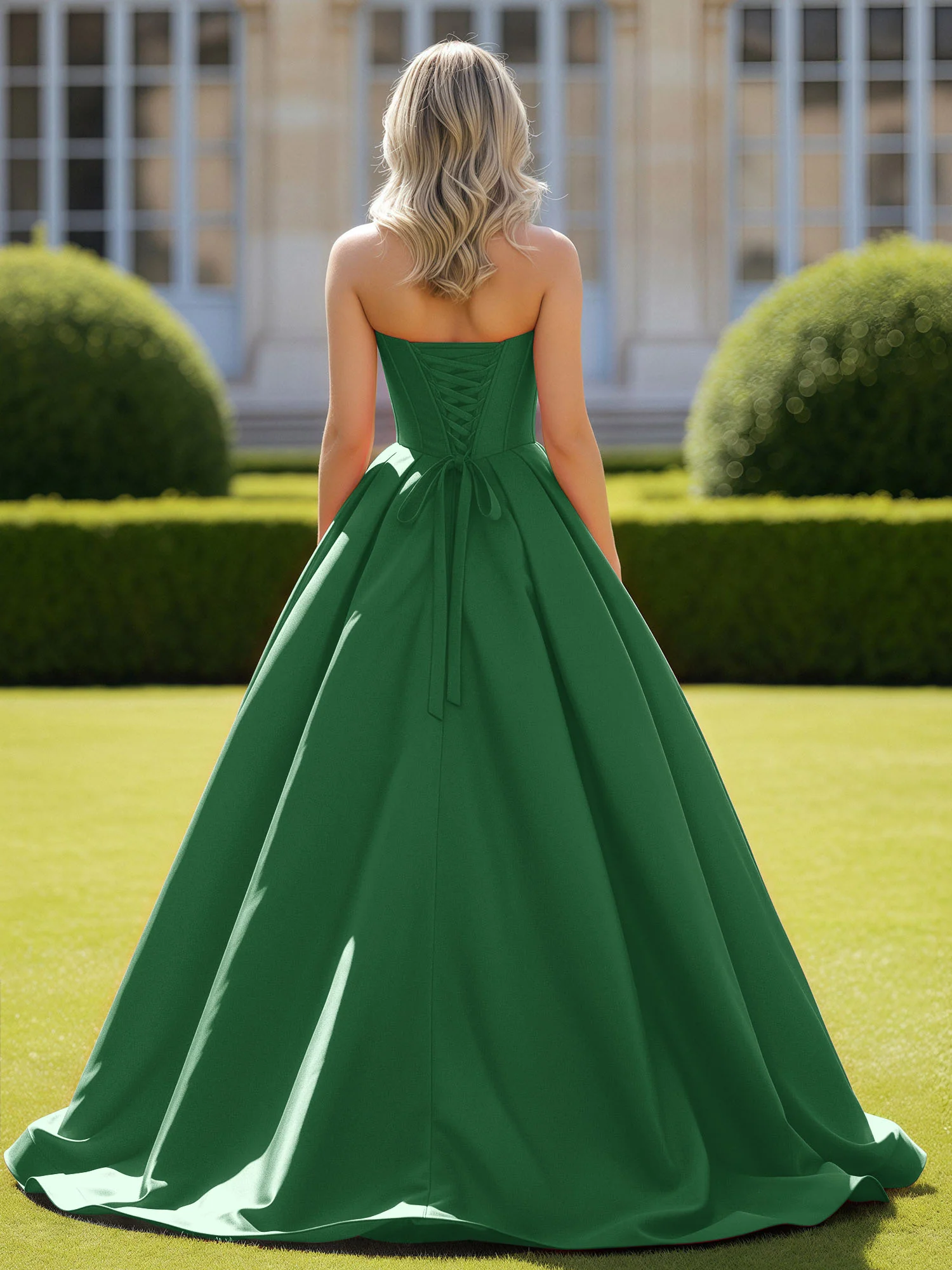 Sweetheart Satin Ball Gown Delicate Lace-Up Prom Dress Emerald - Image 2